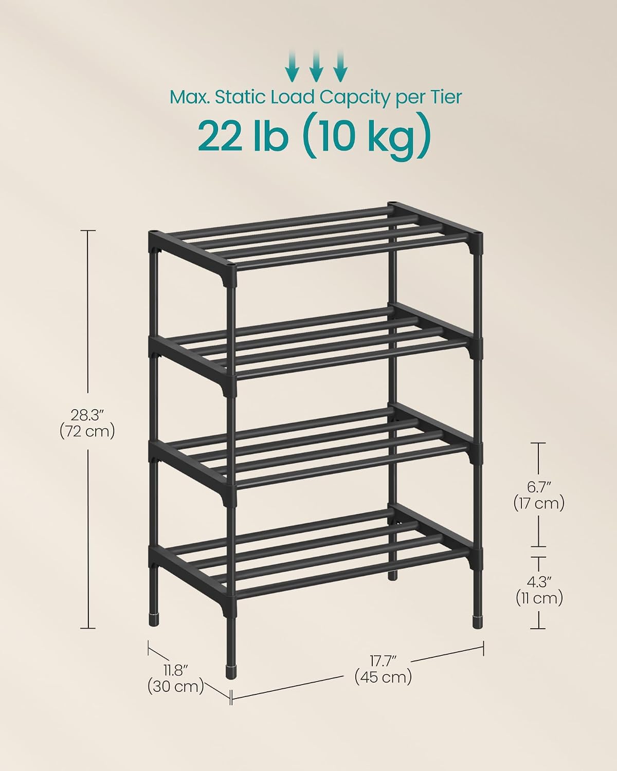 Detalle de SONGMICS LSA114BH01 4-Tier Shoe Rack, Stackable Steel Frame, Black