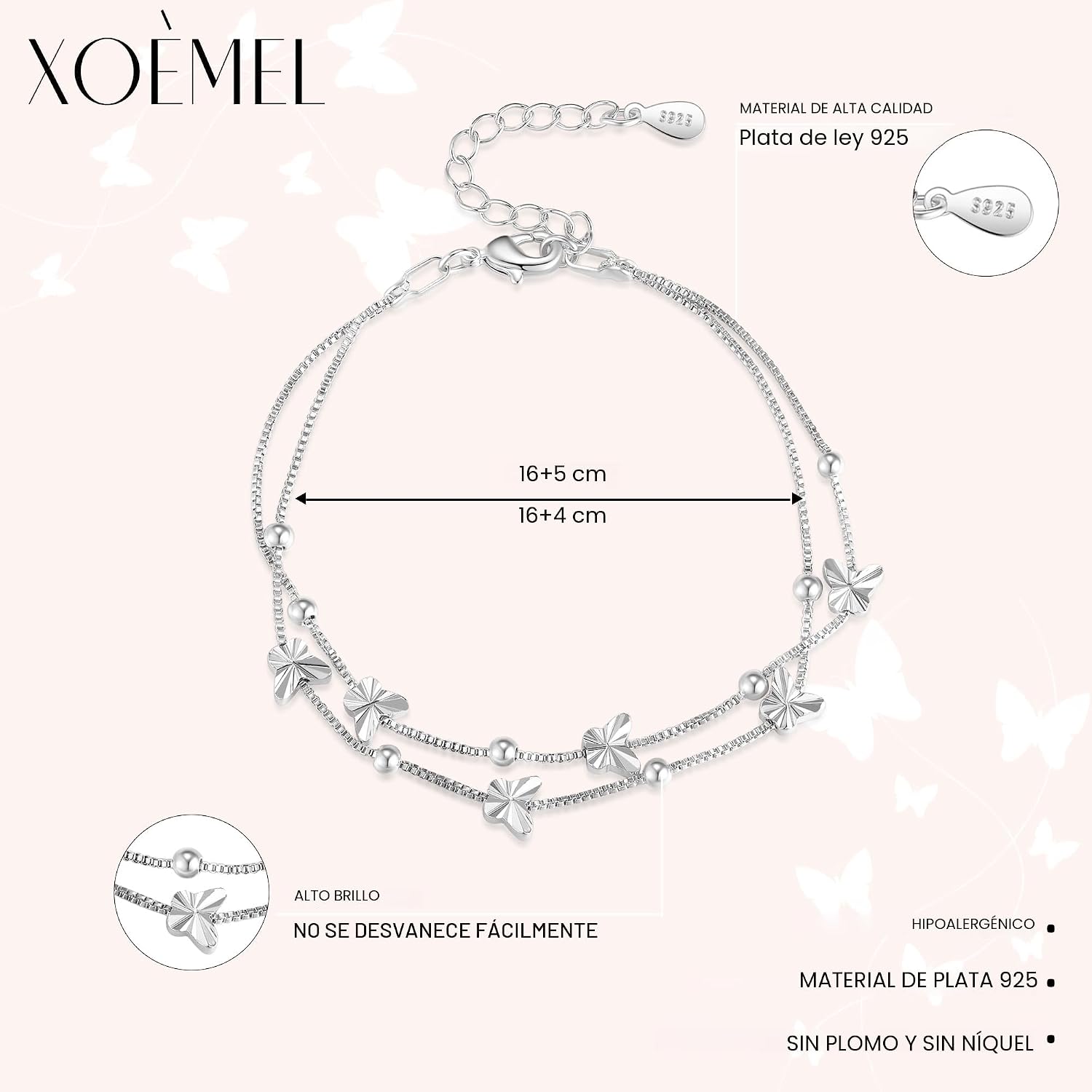 Detalle 2 de XOEMEL Pulsera de plata 925 con mariposas y acabado en oro rosa para mujer