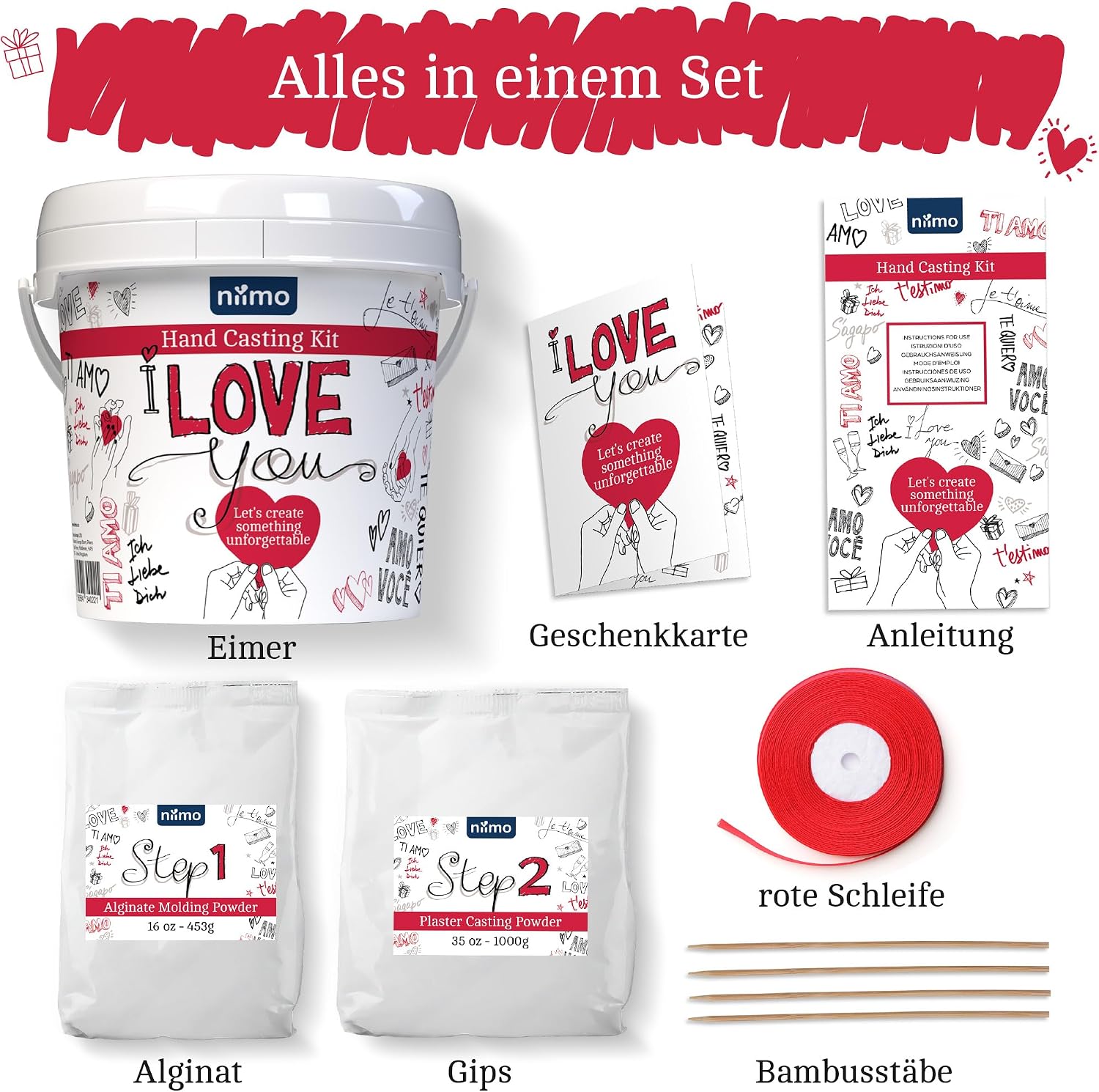 Detalle 1 de Niimo® 3D Handabdruck-Set „I love you“ für Paare – personalisierte Gipsabdruck-Hände (Video-Tutorial)