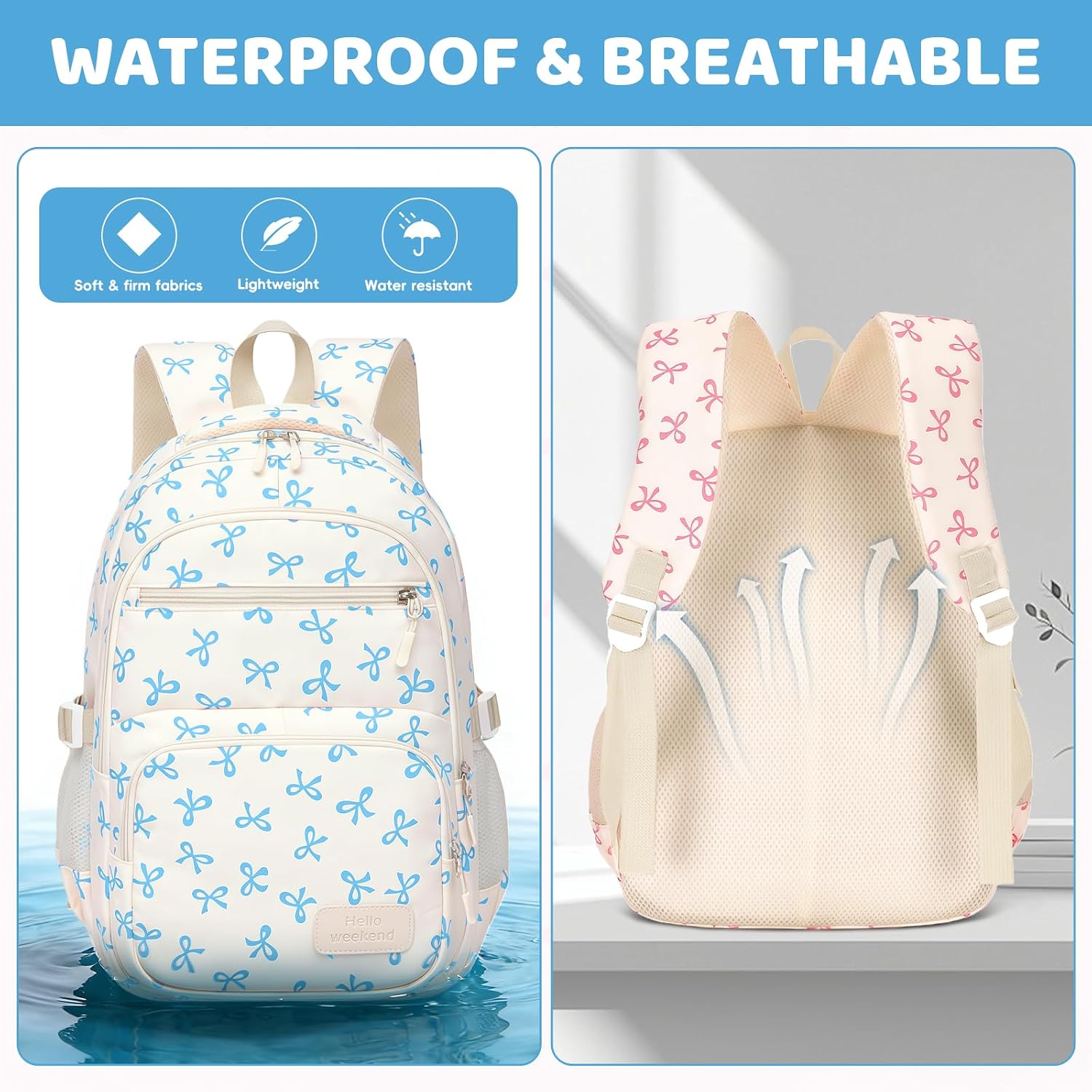 Detalle de Aucuu Aesthetic School Bag Set for Girls (3 pcs) – Bow Backpack with Crossbody Bag & Pencil Case