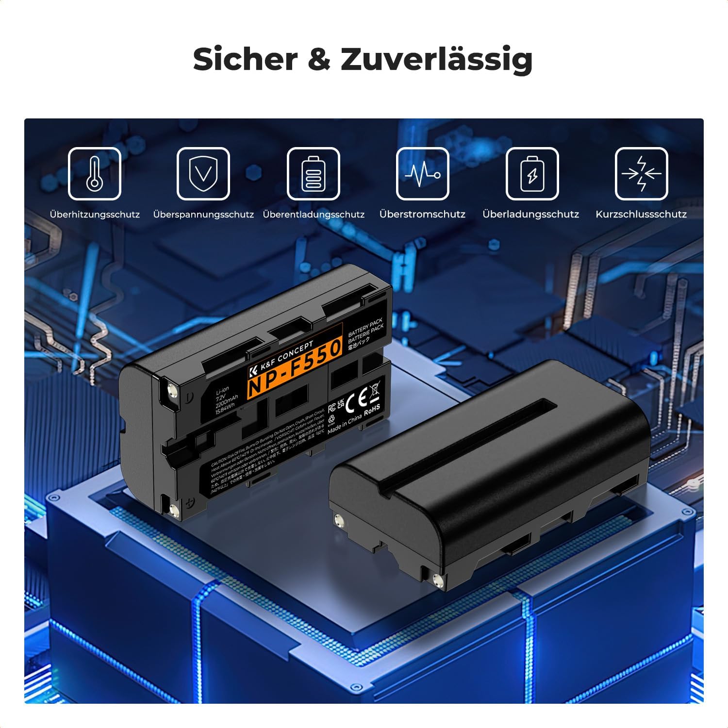 Detalle de K&F CONCEPT NP-F550 2er-Pack (2600mAh) + Dual-LED-Ladegerät-Kit für Sony NP-F550/F570