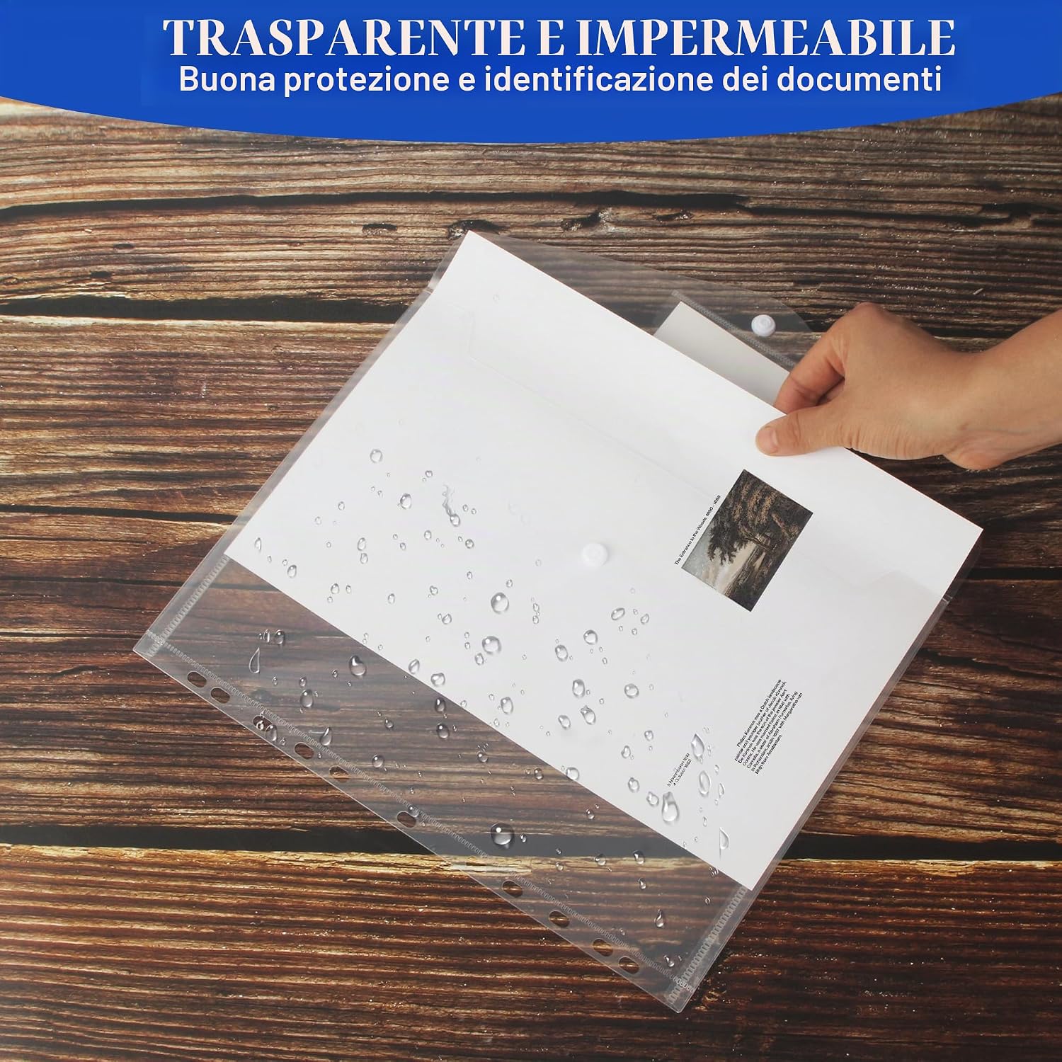 Detalle de 30 buste trasparenti A4 perforate espandibili con 11 fori per raccoglitori e chiusura in velcro