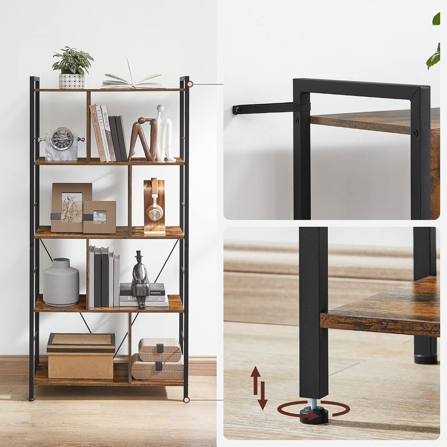 Thumbnail 6 de VASAGLE BARNET LBC121B01 5-Tier Bookshelf, Steel Frame, Rustic Brown and Black