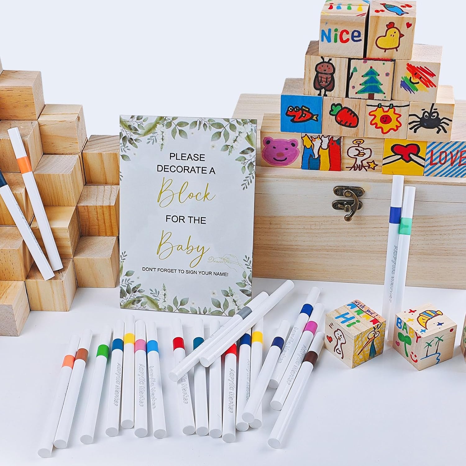 Thumbnail 3 de Lot EIGTWEN de 78 jeux de fête prénatale en bois avec marqueurs acryliques