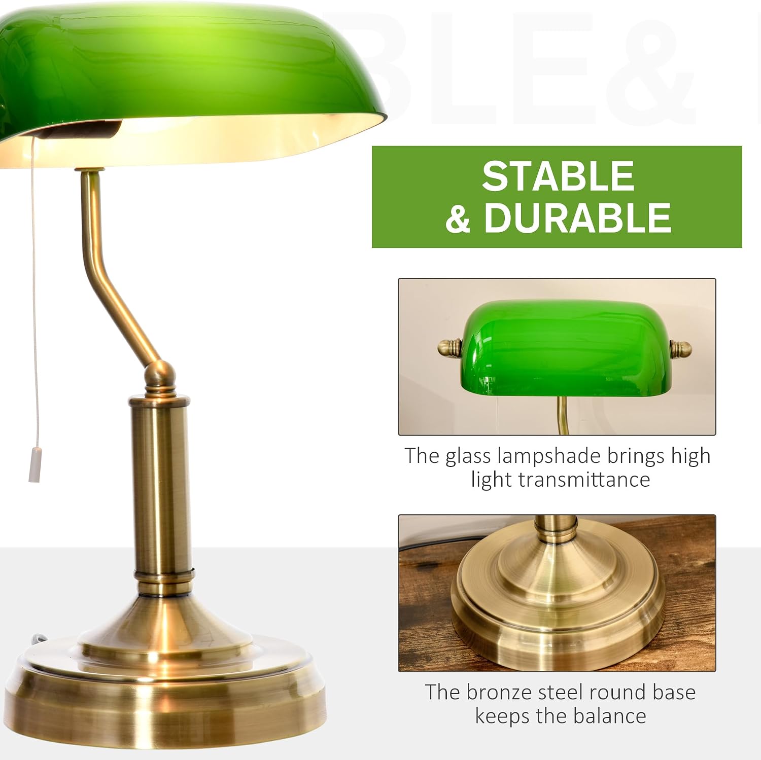 Detalle de HOMCOM Banker's Table Lamp with Glass Shade Green