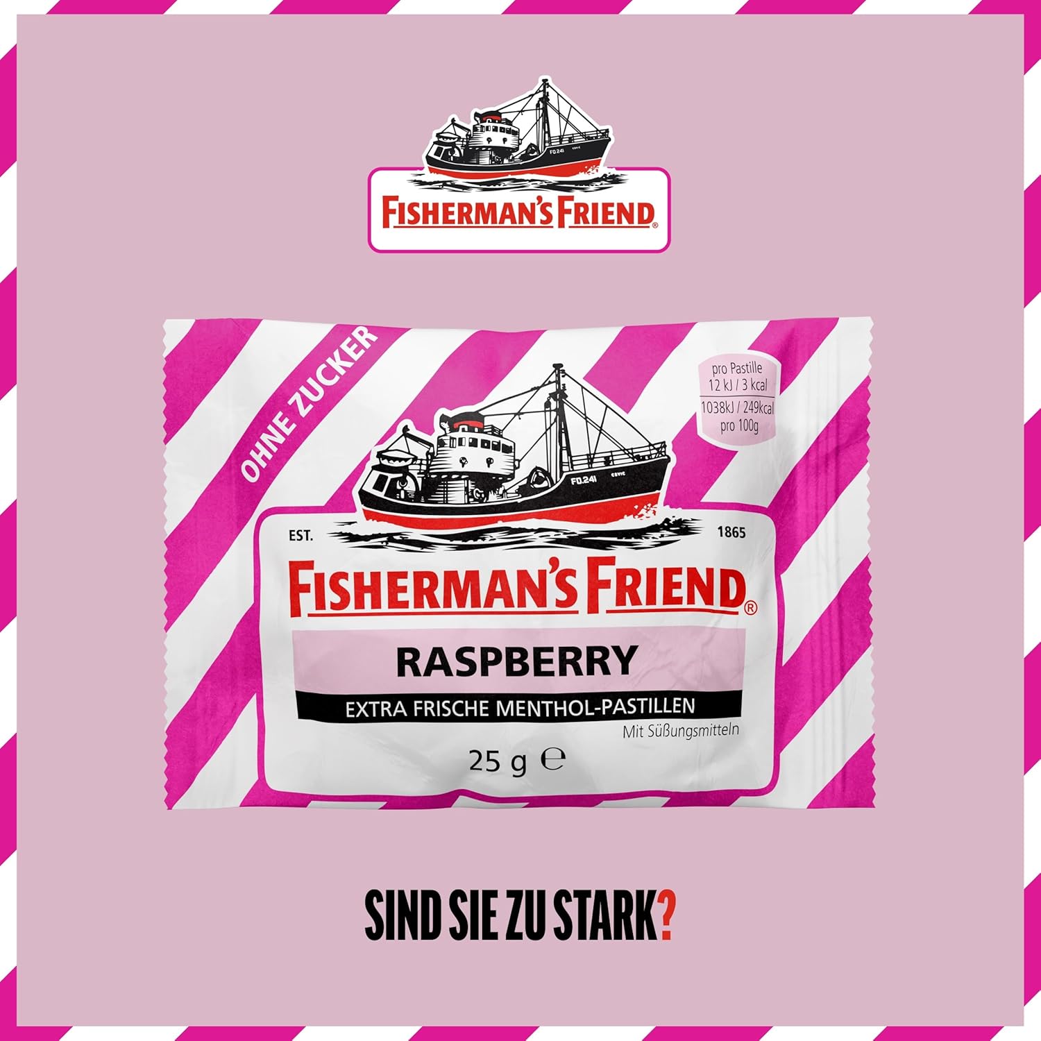 Detalle 2 de Fisherman’s Friend Raspberry – Zuckerfrei, vegan und erfrischend stark im 24er Vorratsbox-Display