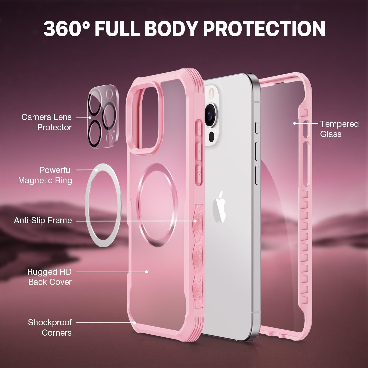 Thumbnail 1 de CENHUFO iPhone 16 Pro Max case with built-in 9H glass screen protector, camera lens protector and MagSafe support (Pink)