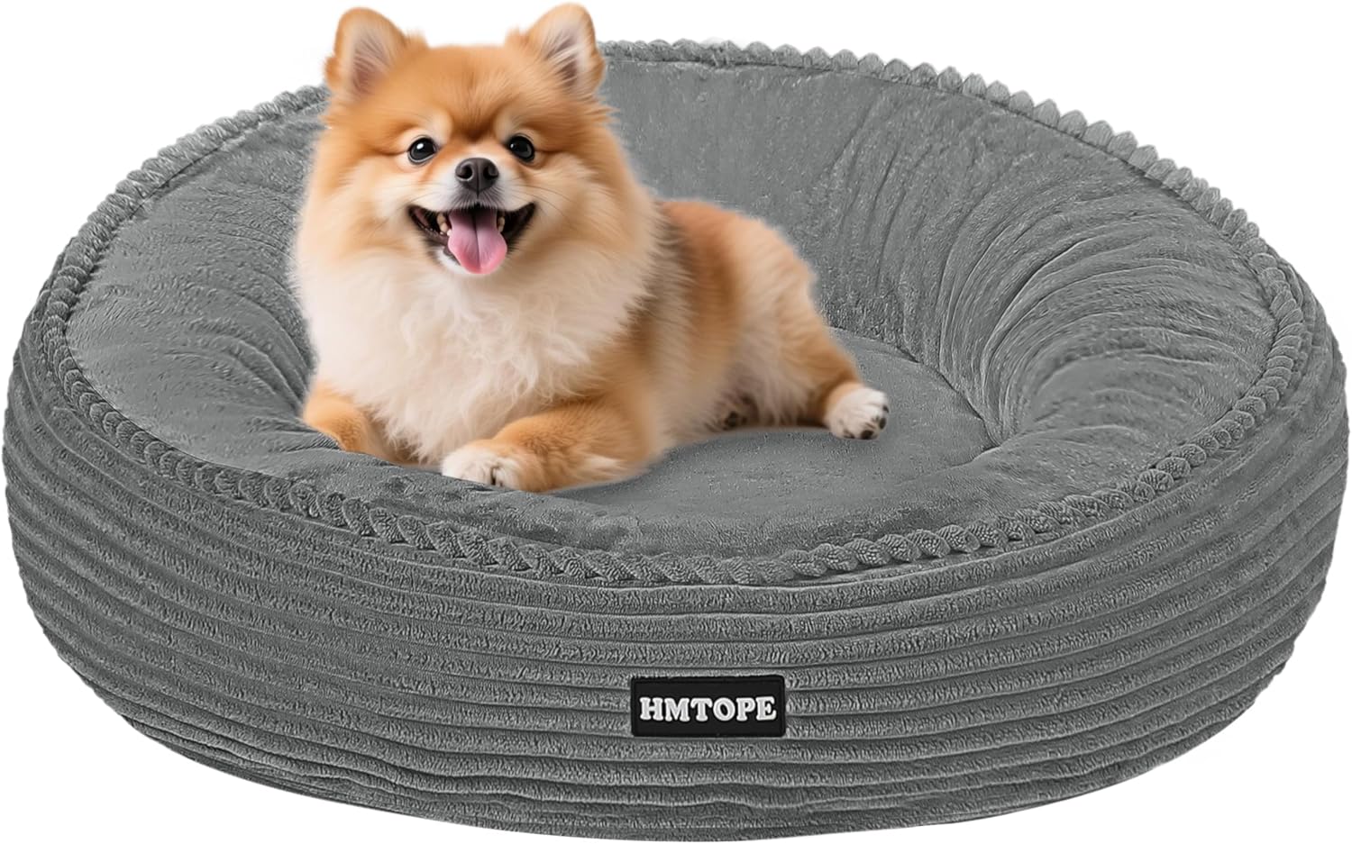 Detalle de HMTOPE Hundebett Kleine Hunde, Katzenbett – runder Cordkorb Ø 60 cm, Waschbar, Mittelgrau