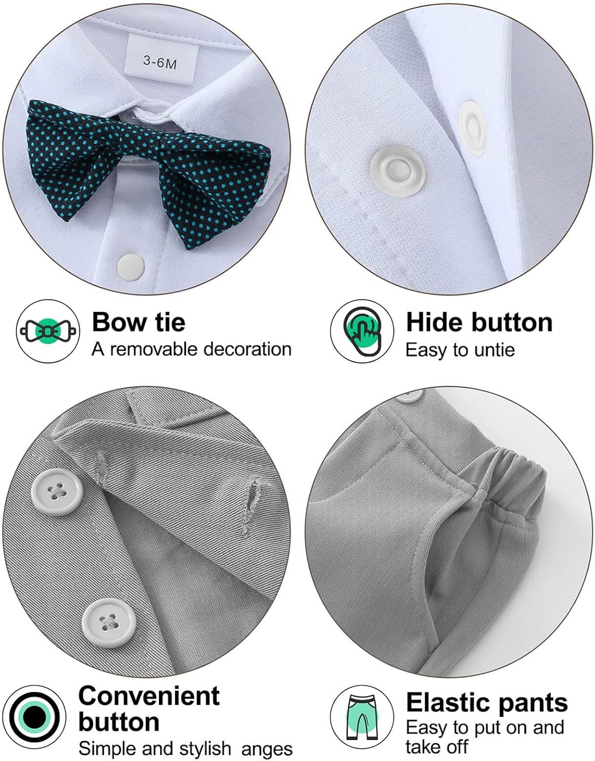 Detalle de Amissz Baby Jungen Bekleidungsset „Gentleman“ (3-24 Monate) mit Strampler, Hose, Weste & abnehmbarer Fliege