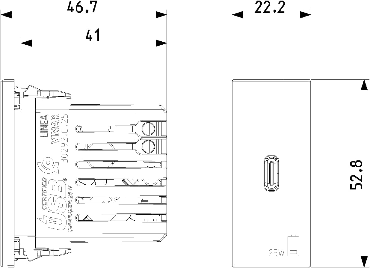Detalle de Vimar 30292.C25G: Alimentatore USB-C 25 W con Power Delivery, design sottile per installazione a parete o a incasso
