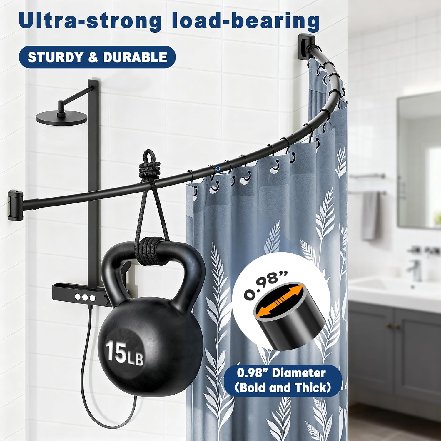 Thumbnail 4 de Abiglifty Curved Shower Curtain Rod (109–198cm) adjustable black rail – rust-resistant, drill-in style