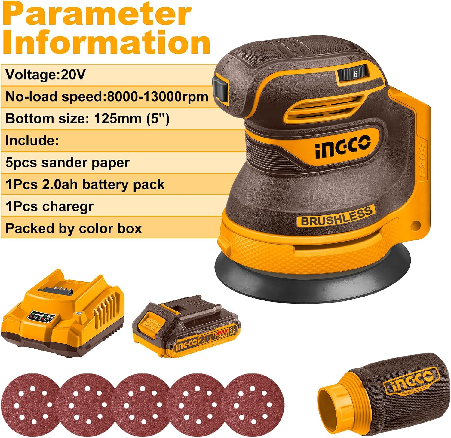 Thumbnail 4 de INGCO 20V Cordless Random Orbit Sander 125mm (CROSLI20021) – Brushless, 6 Speeds, 2.0Ah Battery