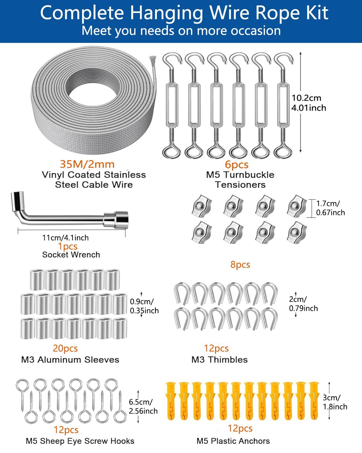 Detalle 2 de 35 m Drahtseil Rankhilfe-Set (2 mm, ummantelt) inkl. Seilspanner, Drahtseilklemmen & Zubehör