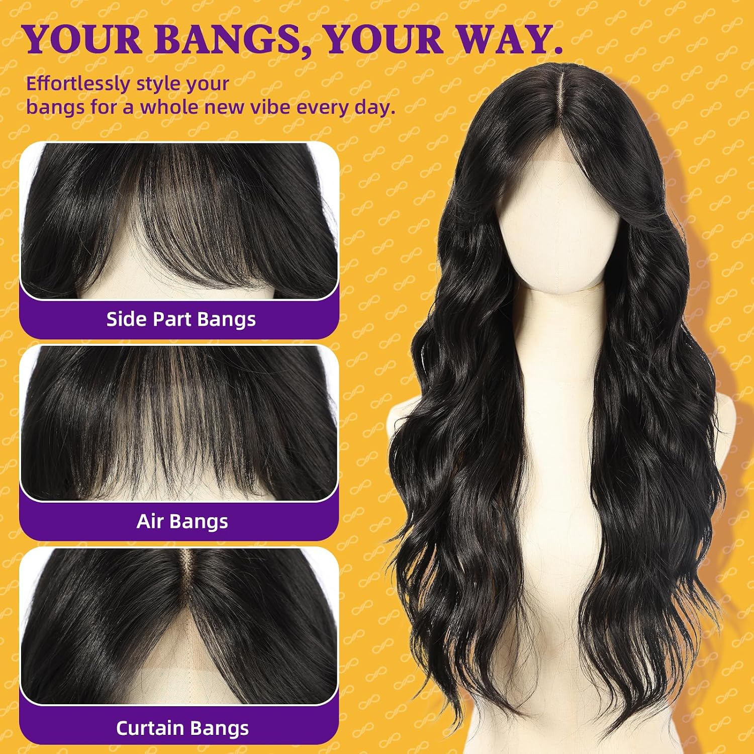 Thumbnail 3 de KOME 28-Inch Black Wavy Synthetic Lace Front Wig with Bangs