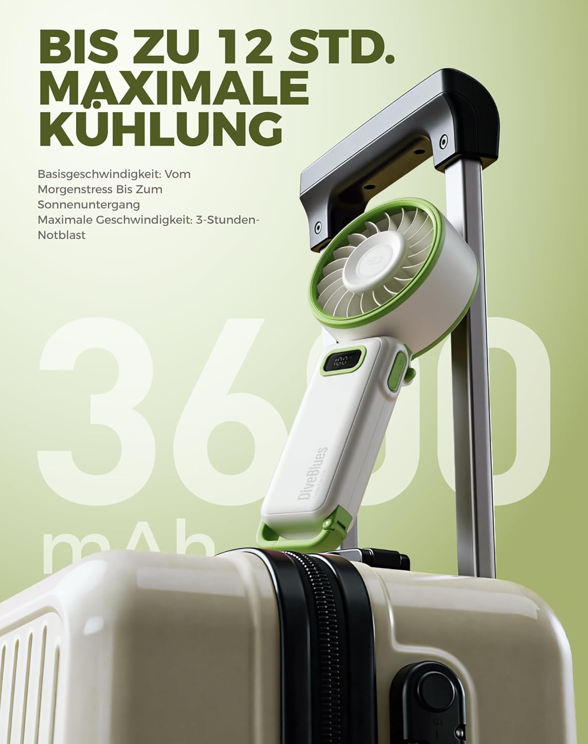 Detalle de Diveblues Handventilator Tragbarer Turbo-Ventilator mit 100 Stufen – 4-in-1, USB-C, 3600 mAh