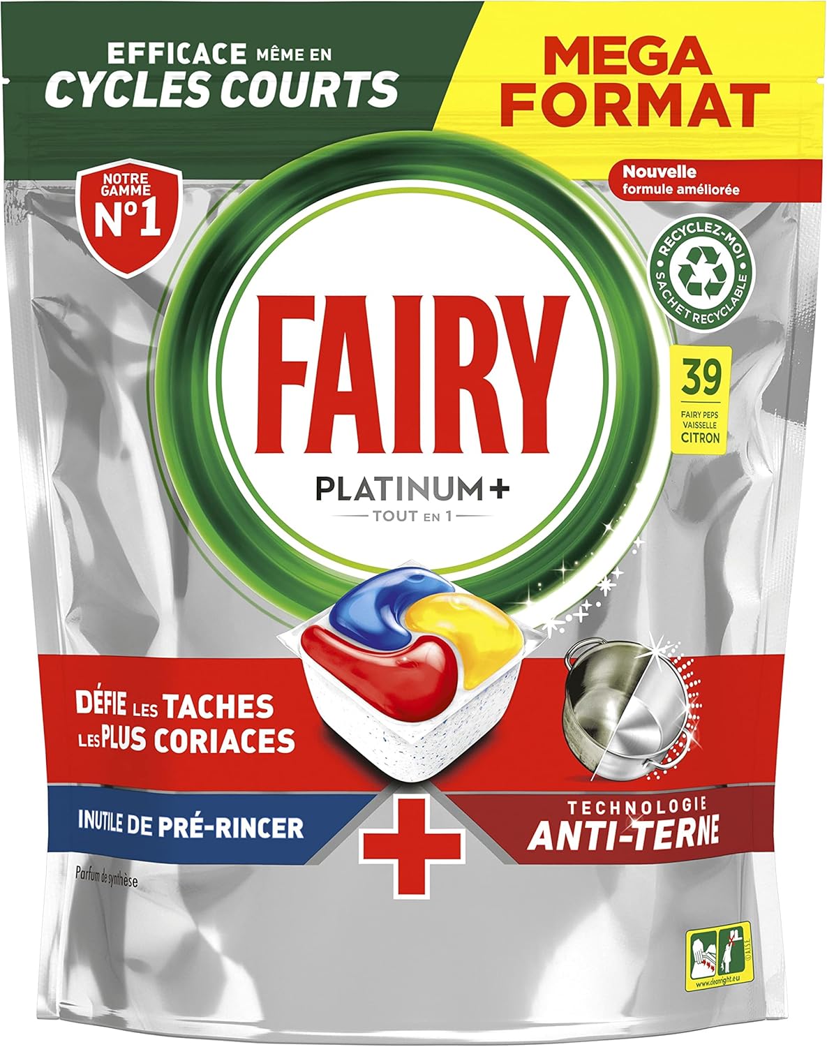 Detalle 2 de Fairy Platinum Plus Tablettes Lave-Vaisselle – 150 tablettes parfum citron, action anti-terne et pré-lavage intégré