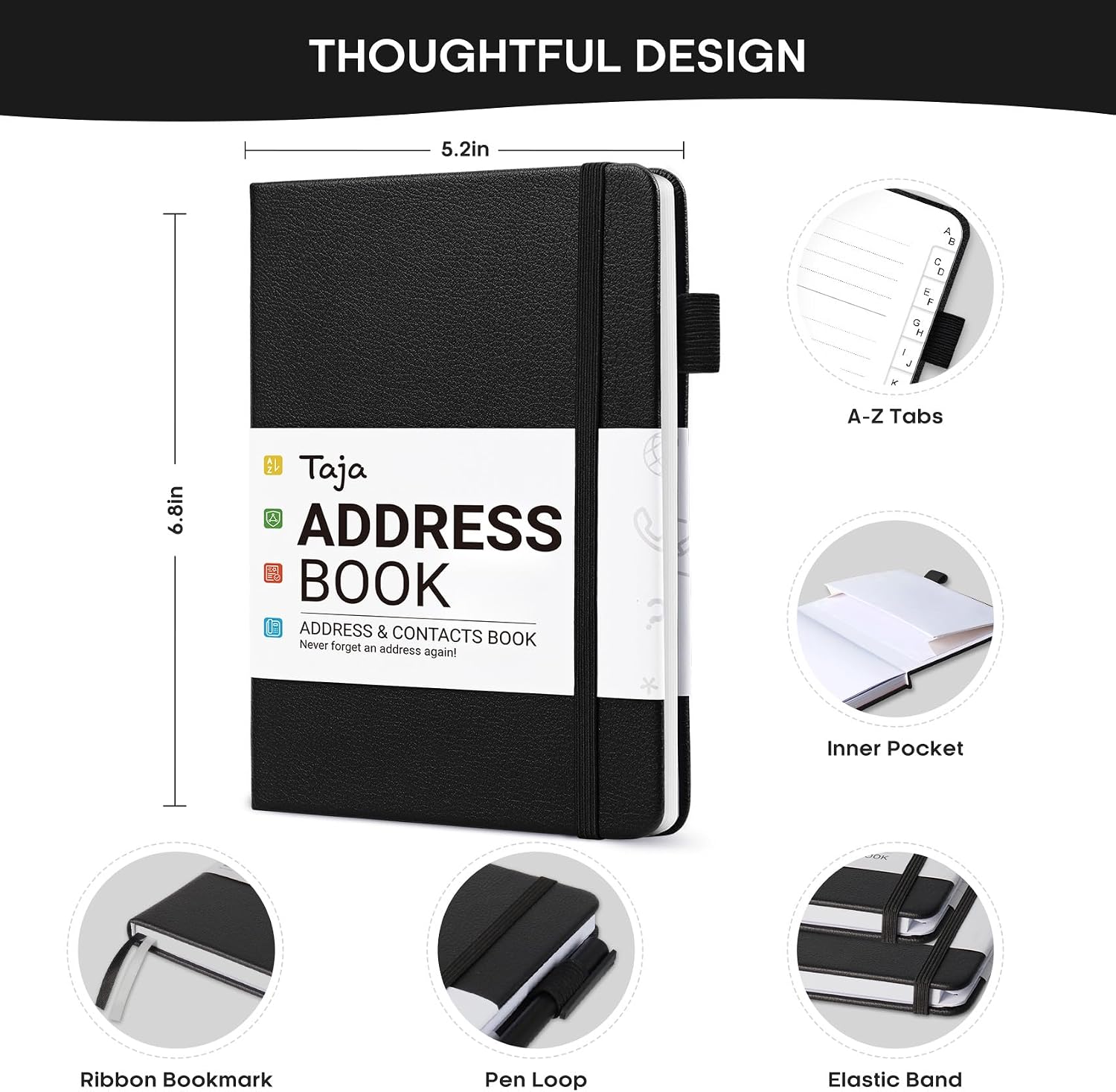 Detalle de Taja T003-AD-Black Address Book with A–Z Tabs, Large Print, Faux Leather