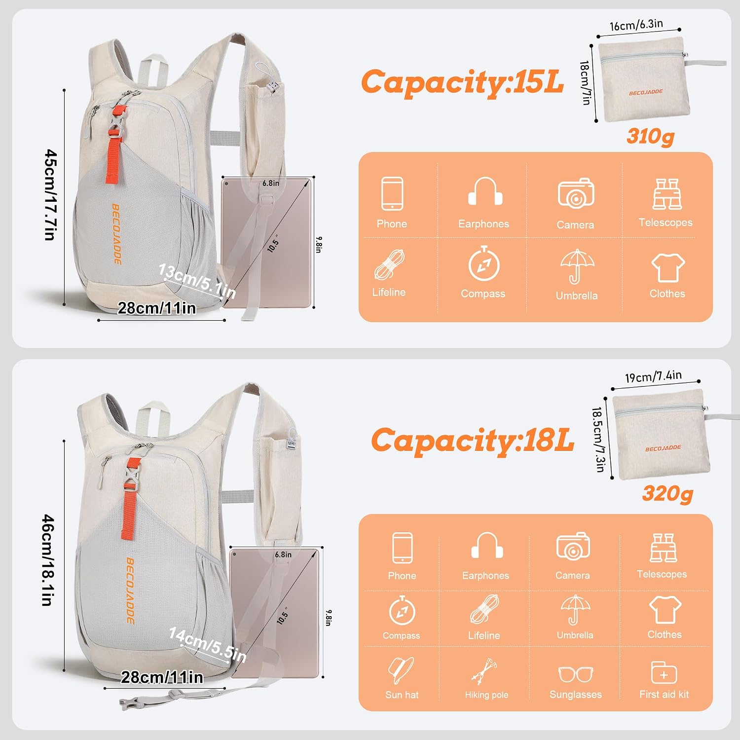 Detalle 2 de BecoJADDE 15L Hiking Backpack (Foldable) – Beige mini rucksack for camping, travel and day trips