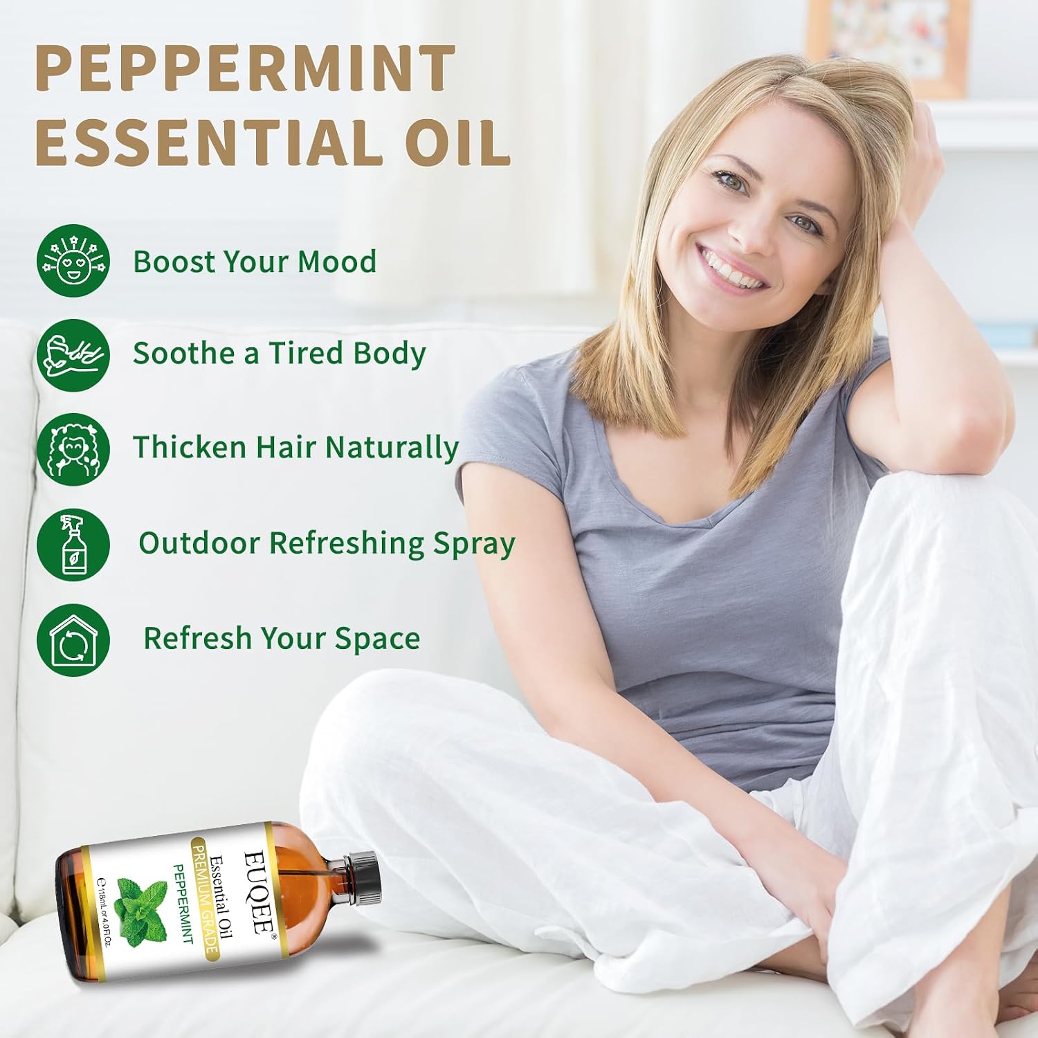 Detalle de EUQEE Peppermint Essential Oil 118 ml with Glass Dropper