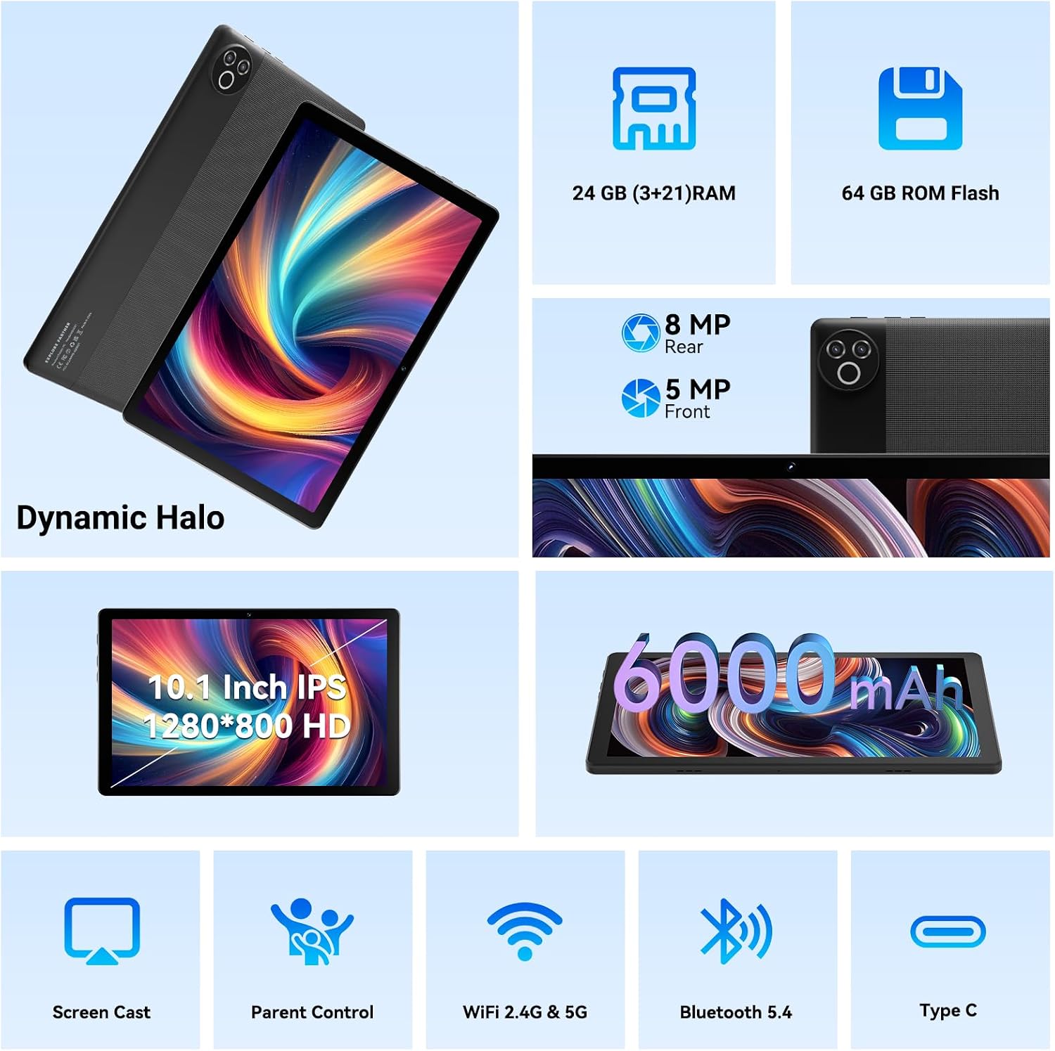 Detalle de Laptok Tablet 10 Zoll – Android 16, 24GB RAM, 64GB ROM, Erweiterbar bis 1TB