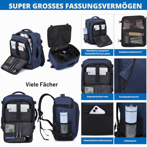 Detalle 2 de WENIG Rucksack 40x30x20 cm – Handgepäck-Rucksack für Frauen, 20 l, Blau