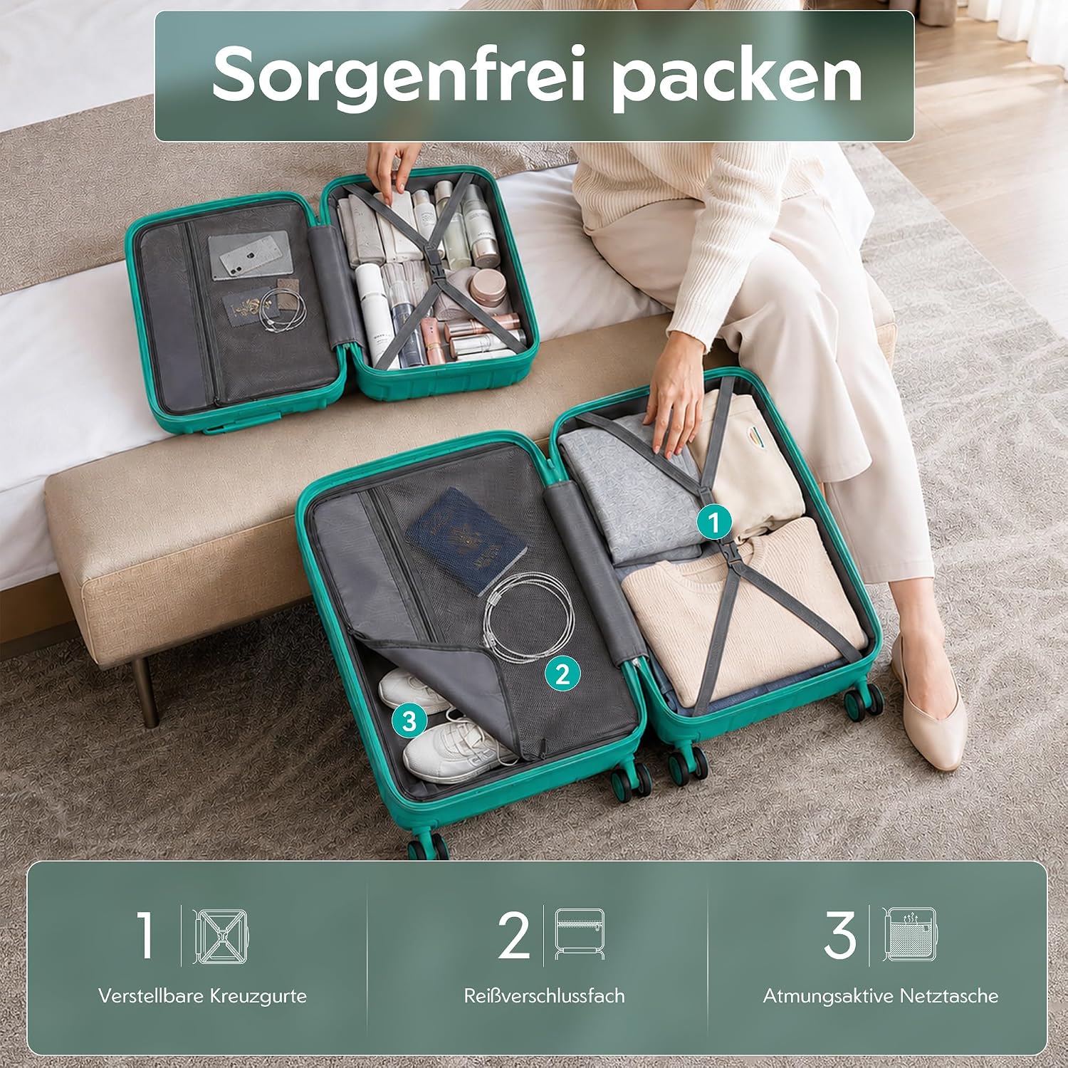 Thumbnail 6 de KONO Groß Koffer 75 cm mit 4 Rollen und TSA-Schloss (Polypropylen-Hartschale, Grün)