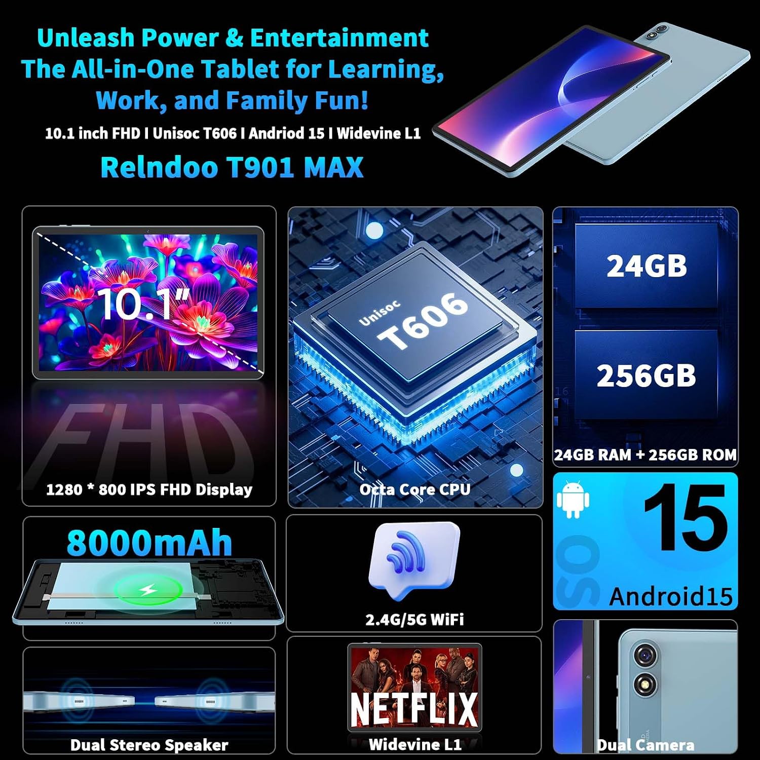 Thumbnail 1 de Relndoo Android 15 10-Inch Tablet (T901) with Keyboard, 24GB+256GB + 2TB Expand, 5G WiFi, Gemini AI, Widevine L1 (Black)