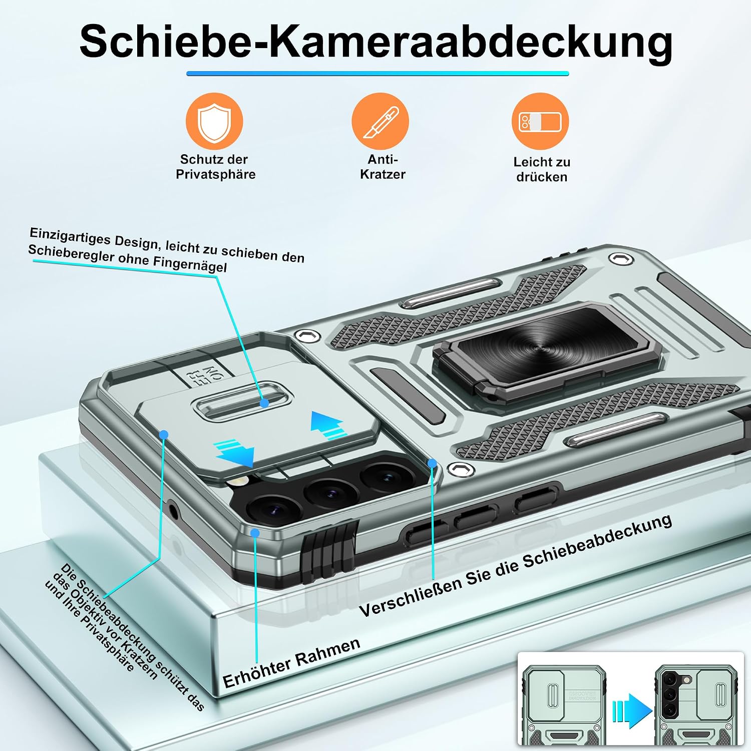 Detalle de Jshru Handyhülle für Samsung Galaxy S22 (6,1 Zoll) – stoßfeste Schutzhülle mit 360° Metall-Ring-Ständer, Kameraschutz und 2 Schutzfolien