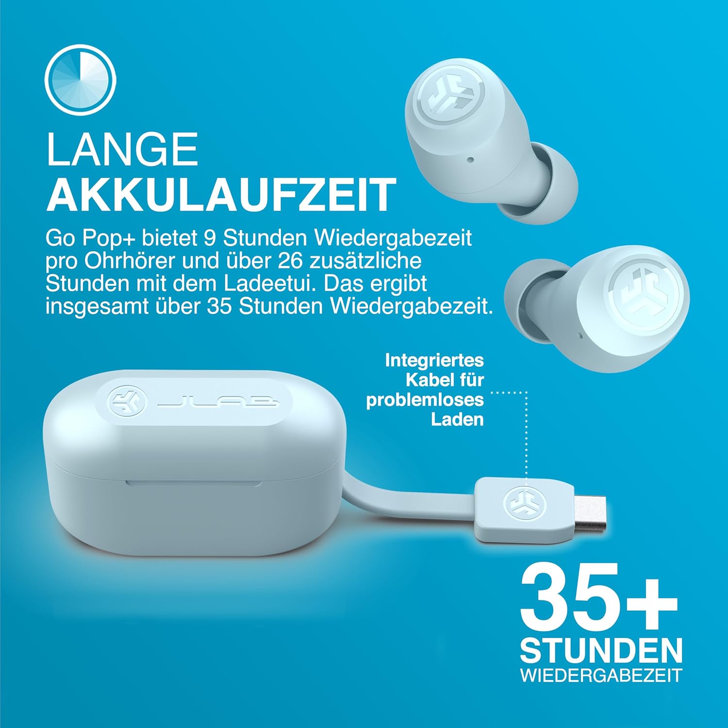 Detalle de JLab Go Air Pop+ True Wireless In-Ear-Kopfhörer mit Bluetooth, Mikrofon, USB‑C Ladecase & Dual Connect – Hellblau