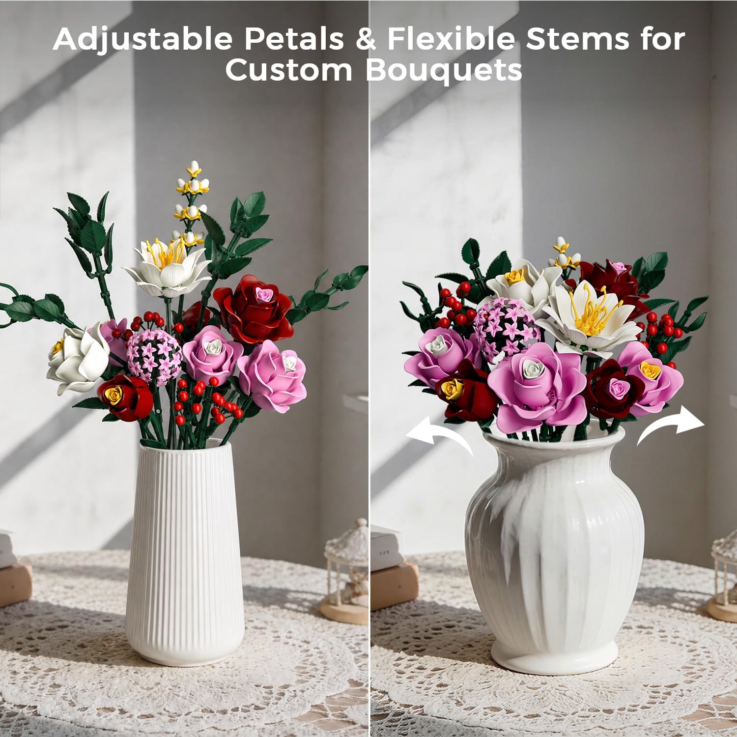 Detalle de Layered Blush Pink Roses Bouquet Building Set, 720 Pieces, Adjustable Stems