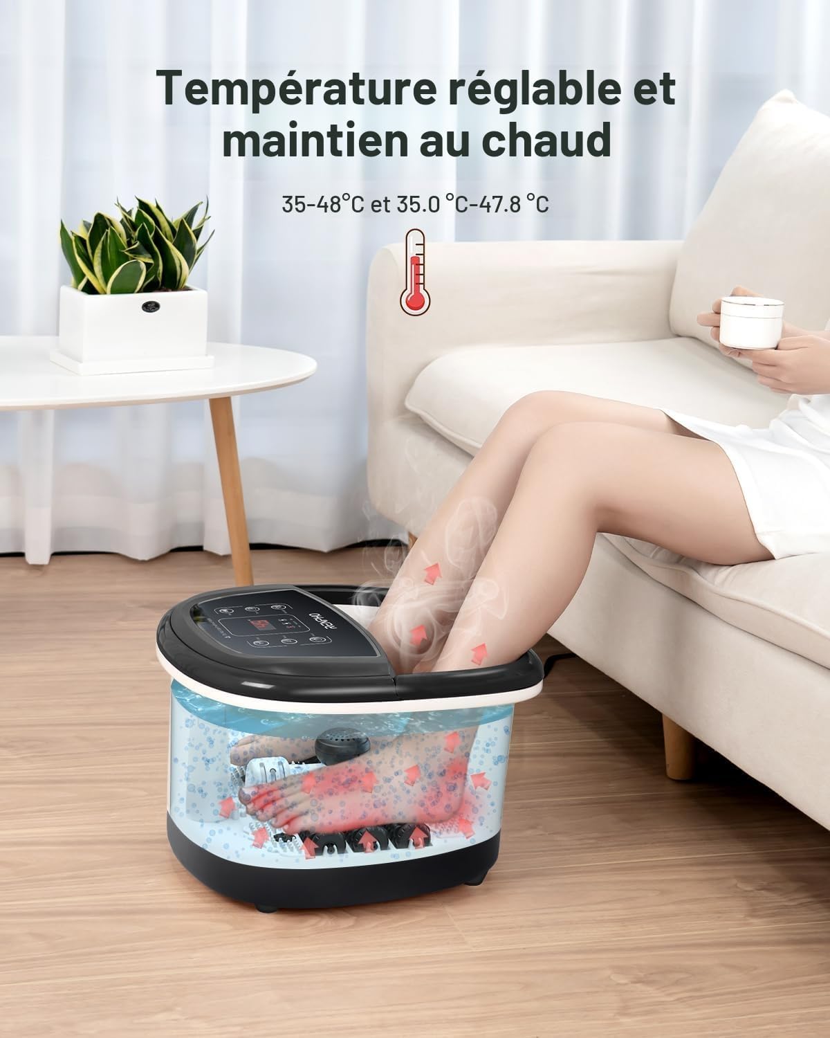 Detalle de Bain de pieds hydromasseur RENPHO avec chauffage rapide, massage automatique et jets de bulles
