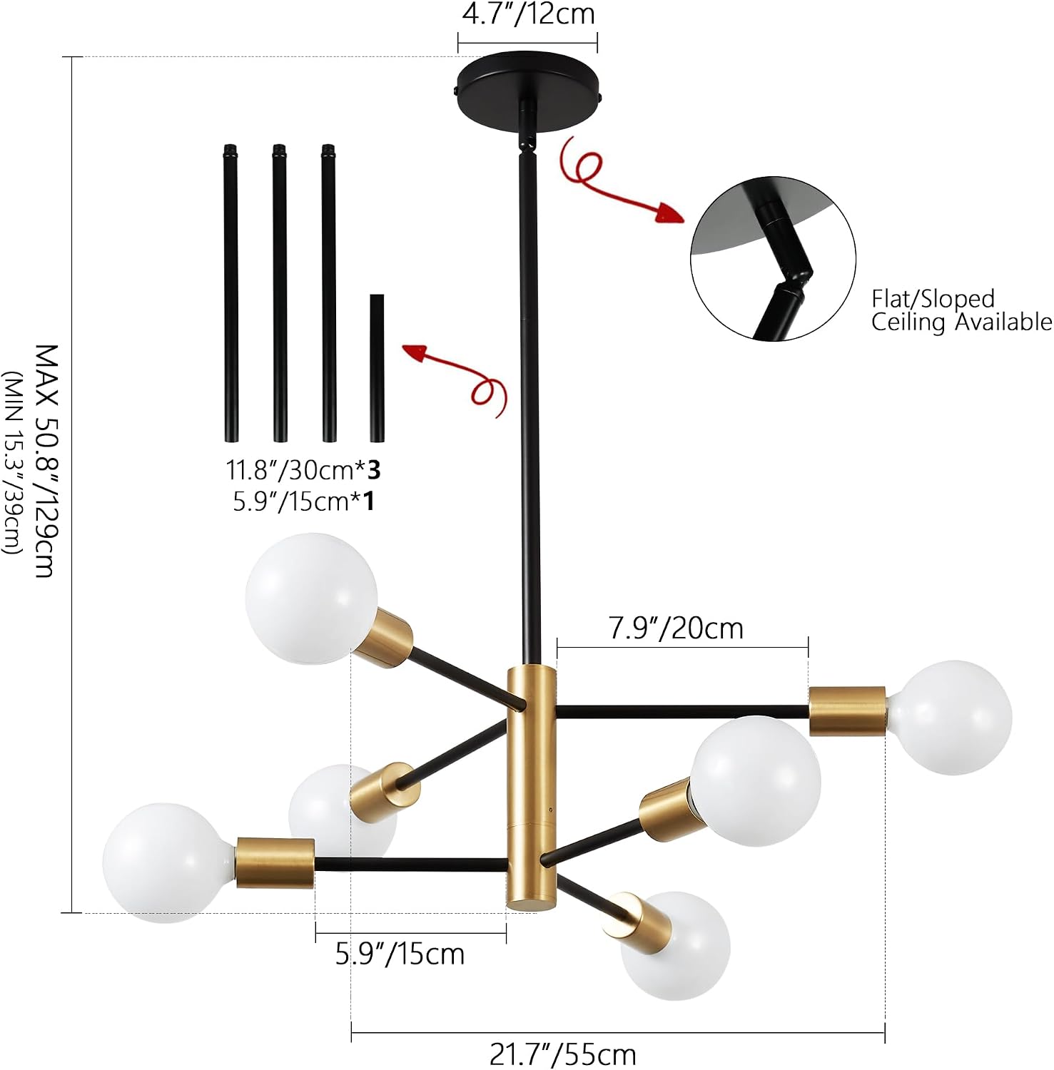 Detalle 2 de KAISITE 8006-6C Sputnik Chandelier, 6-Light Black and Gold, Adjustable Height