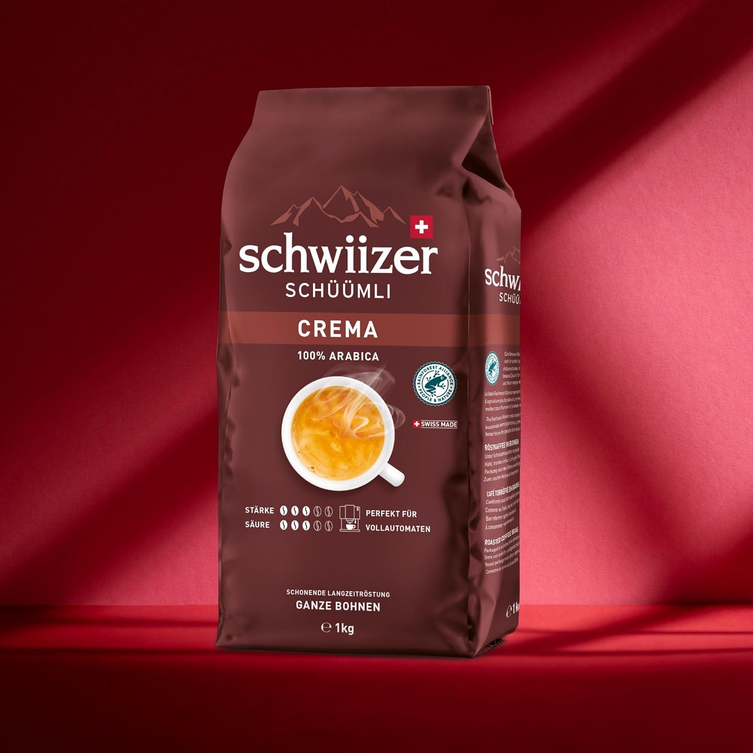 Detalle 2 de Schwiizer Schüümli Crema – 100% Arabica Bohnen, milde Vollautomat-Option, Rainforest Alliance, 1 kg