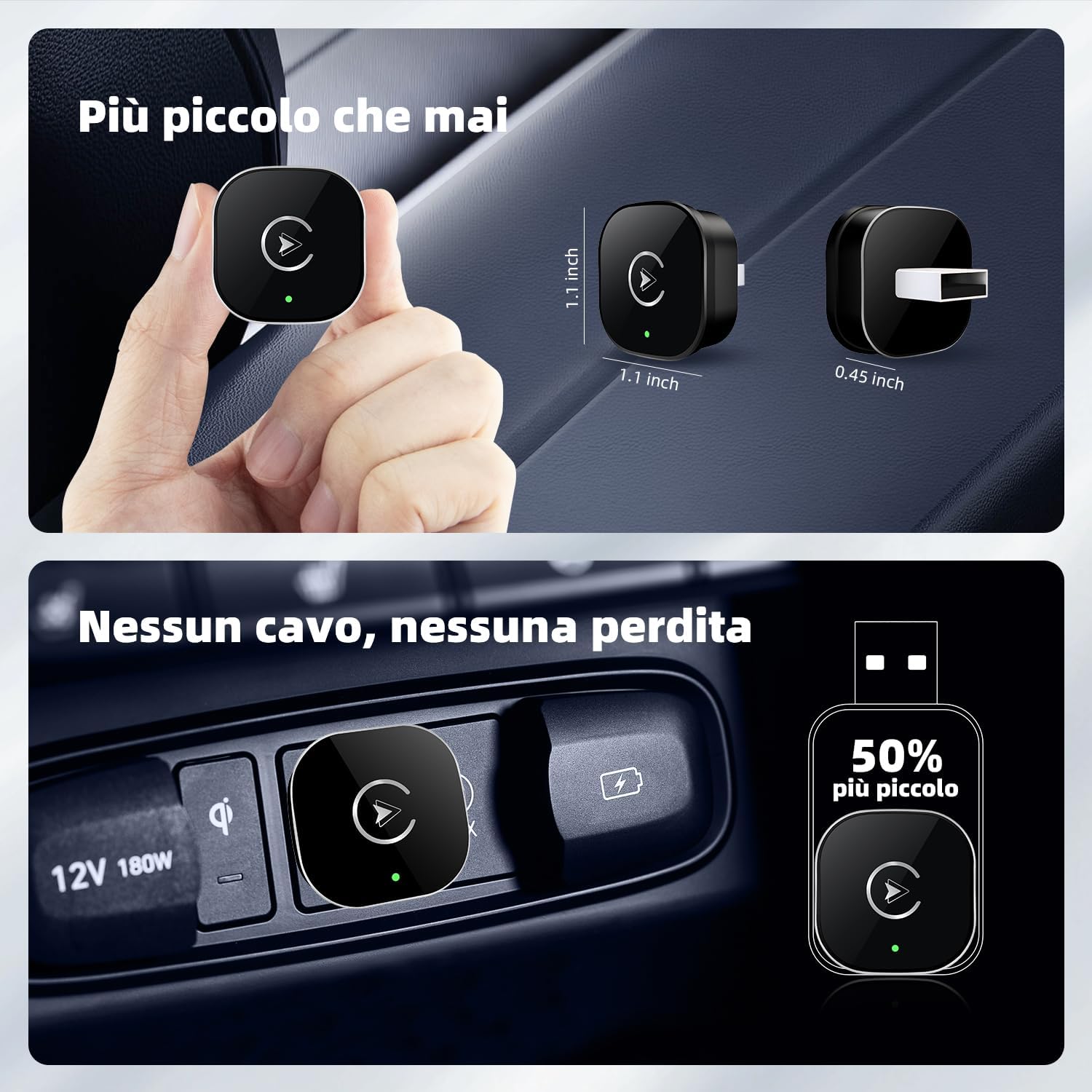 Detalle de MYCIMRE 2026 Adattatore Wireless CarPlay: CarPlay cablato e wireless, design mini USB per auto