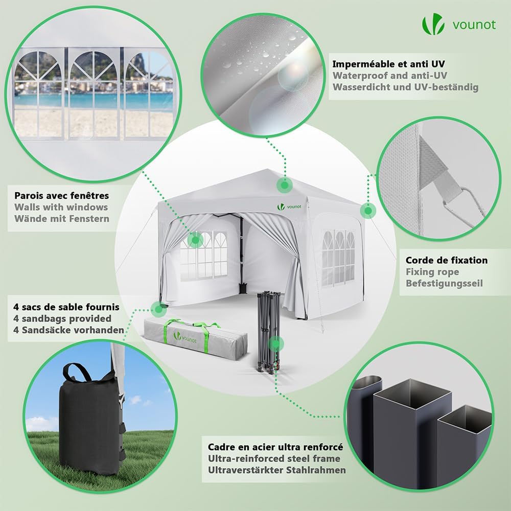 Thumbnail 4 de VOUNOT 3m x 3m Pop Up Waterproof Gazebo with Sides and Weight Bags