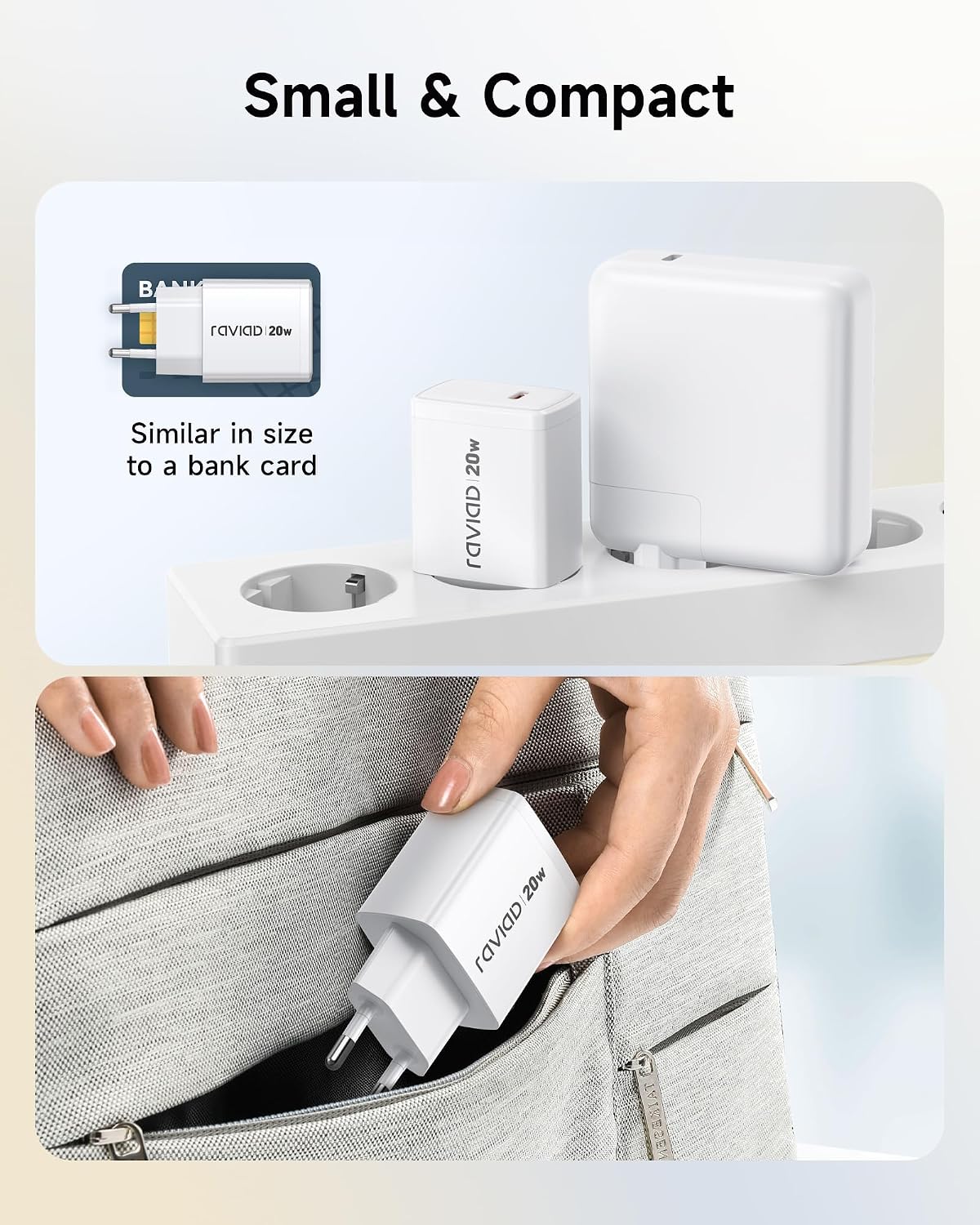 Detalle de RAVIAD USB‑C Ladegerät 2er‑Pack, 20W Schnellladeadapter mit 2 m USB‑C Kabel – kompakt und flexibel