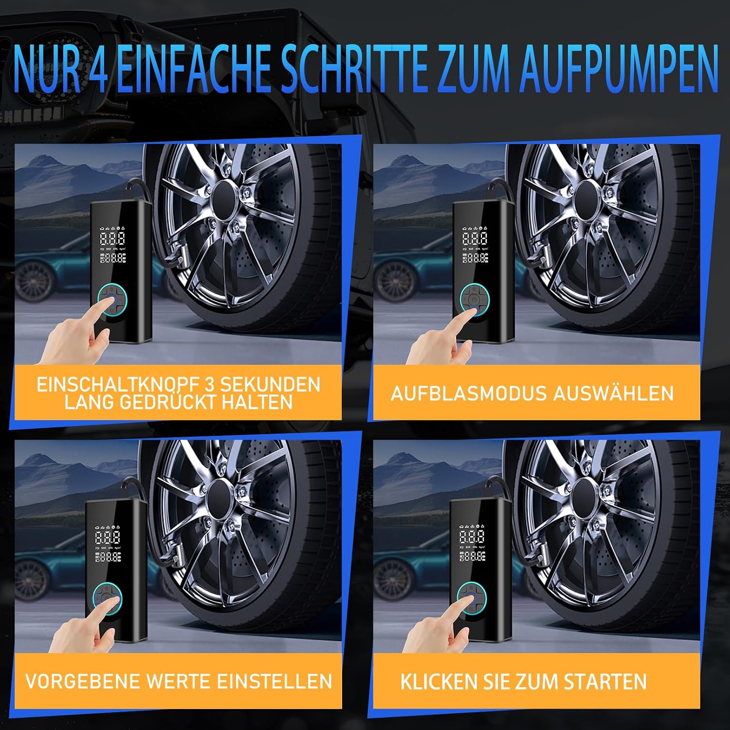Thumbnail 5 de Portable Car Tyre Pump Air Compressor with Digital Tyre Inflator, Preset Pressure, Auto Shut-Off & 3-Mode LED Light (up to 150PSI)