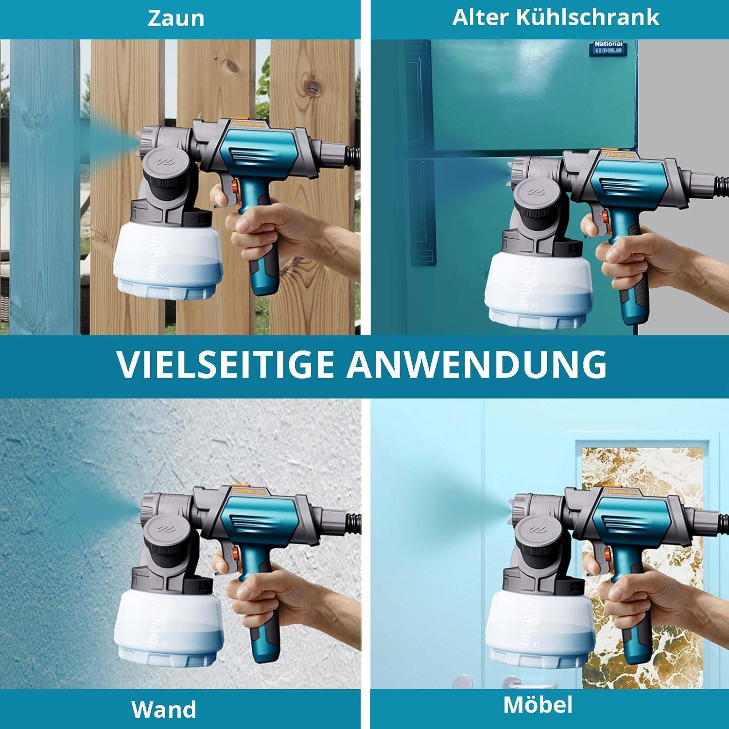 Detalle de Tilswall Shark 800 HVLP Farbsprühsystem – vielseitig einsetzbare Spritzpistole mit 4 Düsen und 3 Sprühmodi