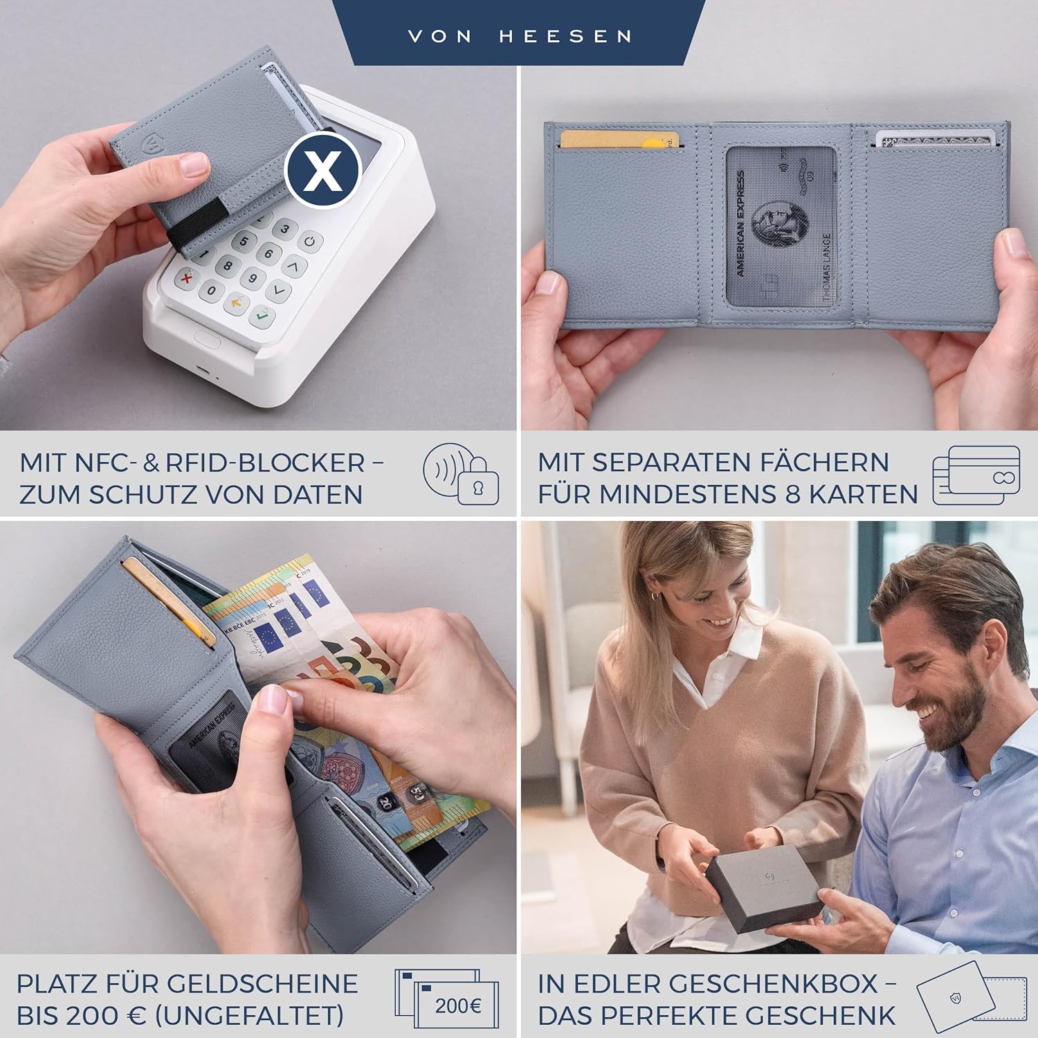 Thumbnail 1 de VON HEESEN Slim Wallet mit XL Münzfach & RFID Schutz – Leder Geldbörse, klein, hellblau