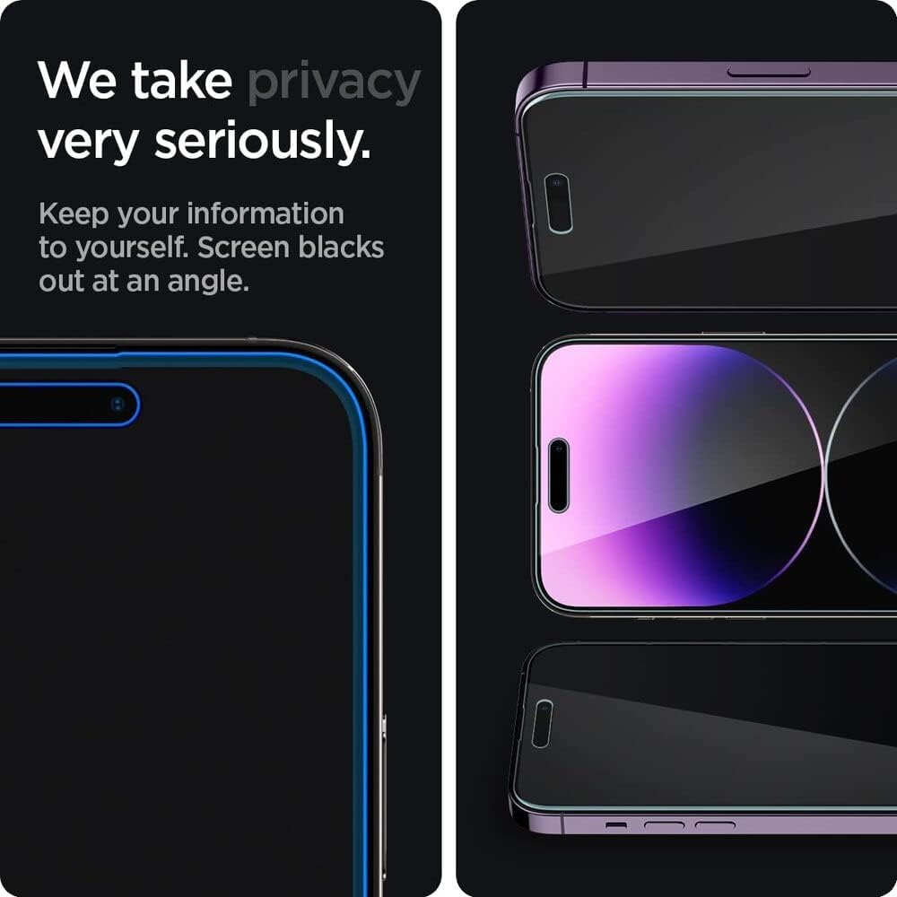 Detalle de Spigen Glas.tR EZ Fit per iPhone 14 Pro Max: vetro temperato anti-spia (2 pezzi), protezione privacy e durezza 9H