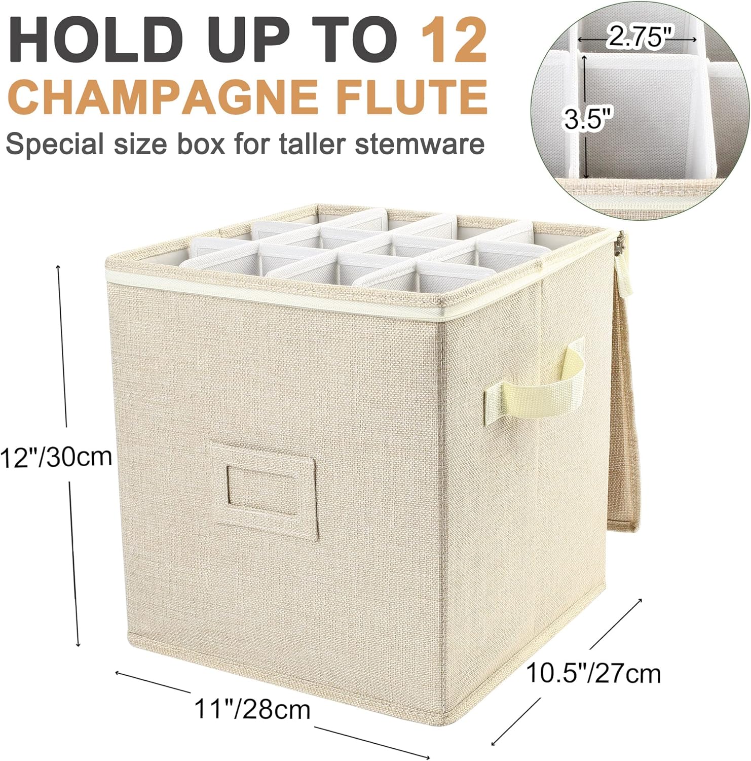 Detalle 2 de LotFancy Champagne Flute Storage Container (12in Tall) — Quilted Hard Shell, Stackable Case with Dividers & Handles