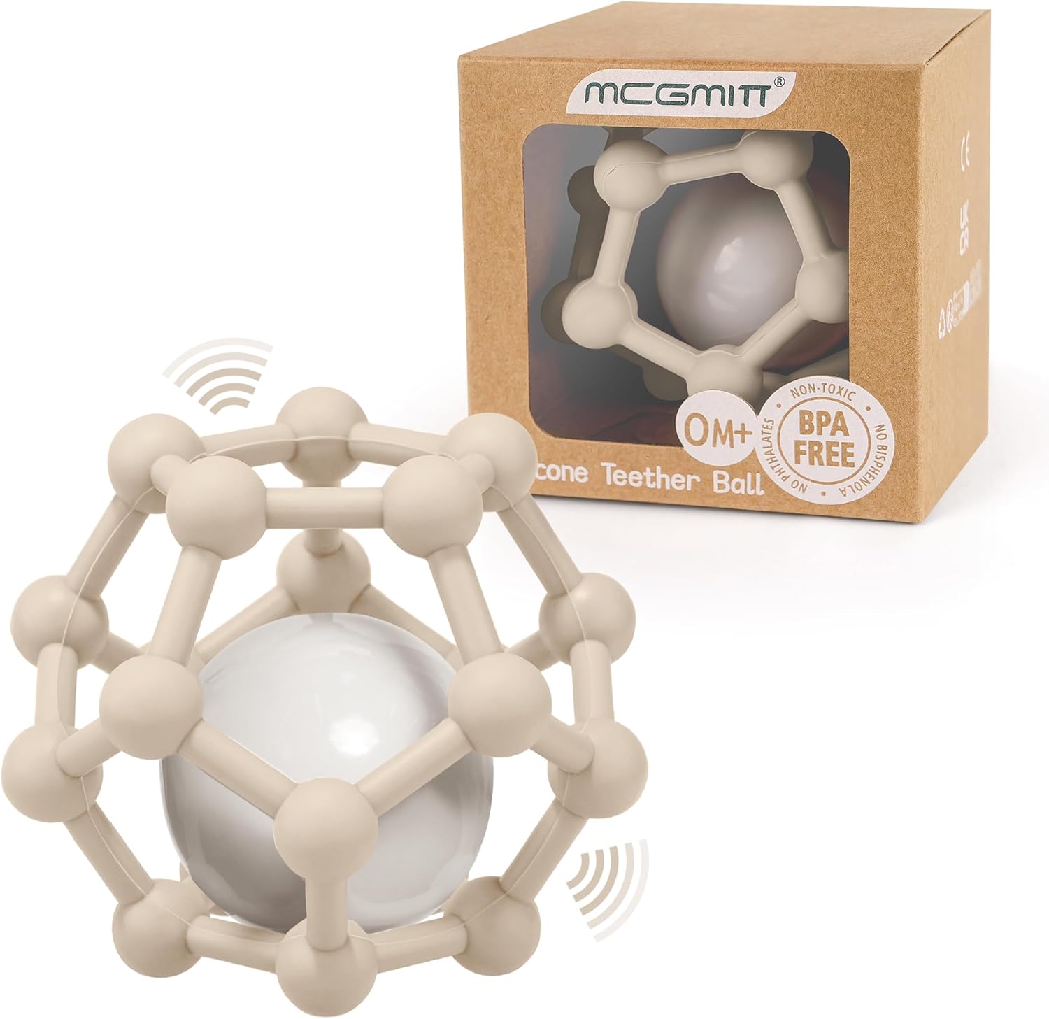 Balles sensorielles et jouet de dentition en silicone MCGMITT – hochet 2 en 1 (couleur beige)
