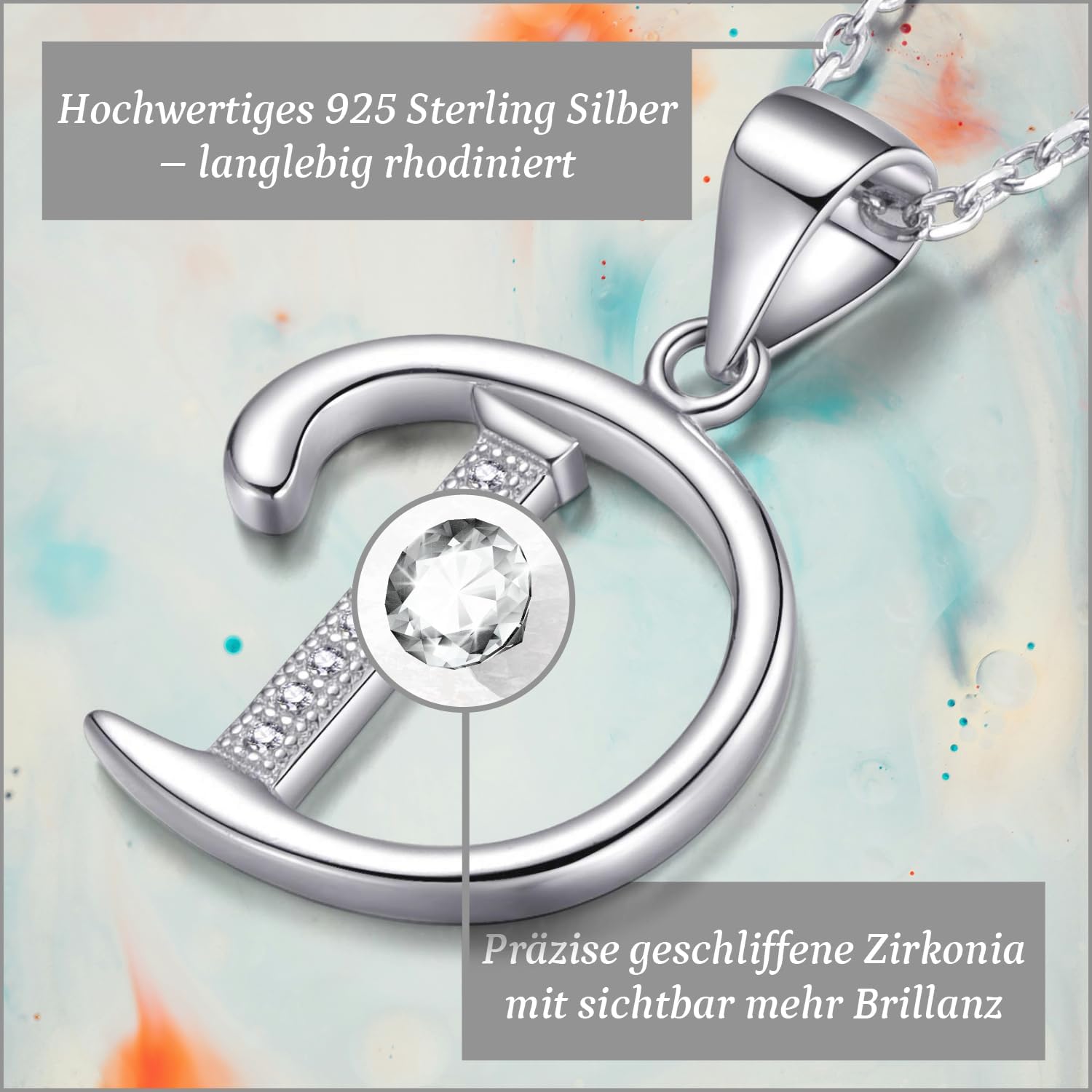 Detalle 2 de Morella Damen Halskette Silber 925 mit Buchstaben-Anhänger, rhodiniert, Zirkonia weiß, 45 cm