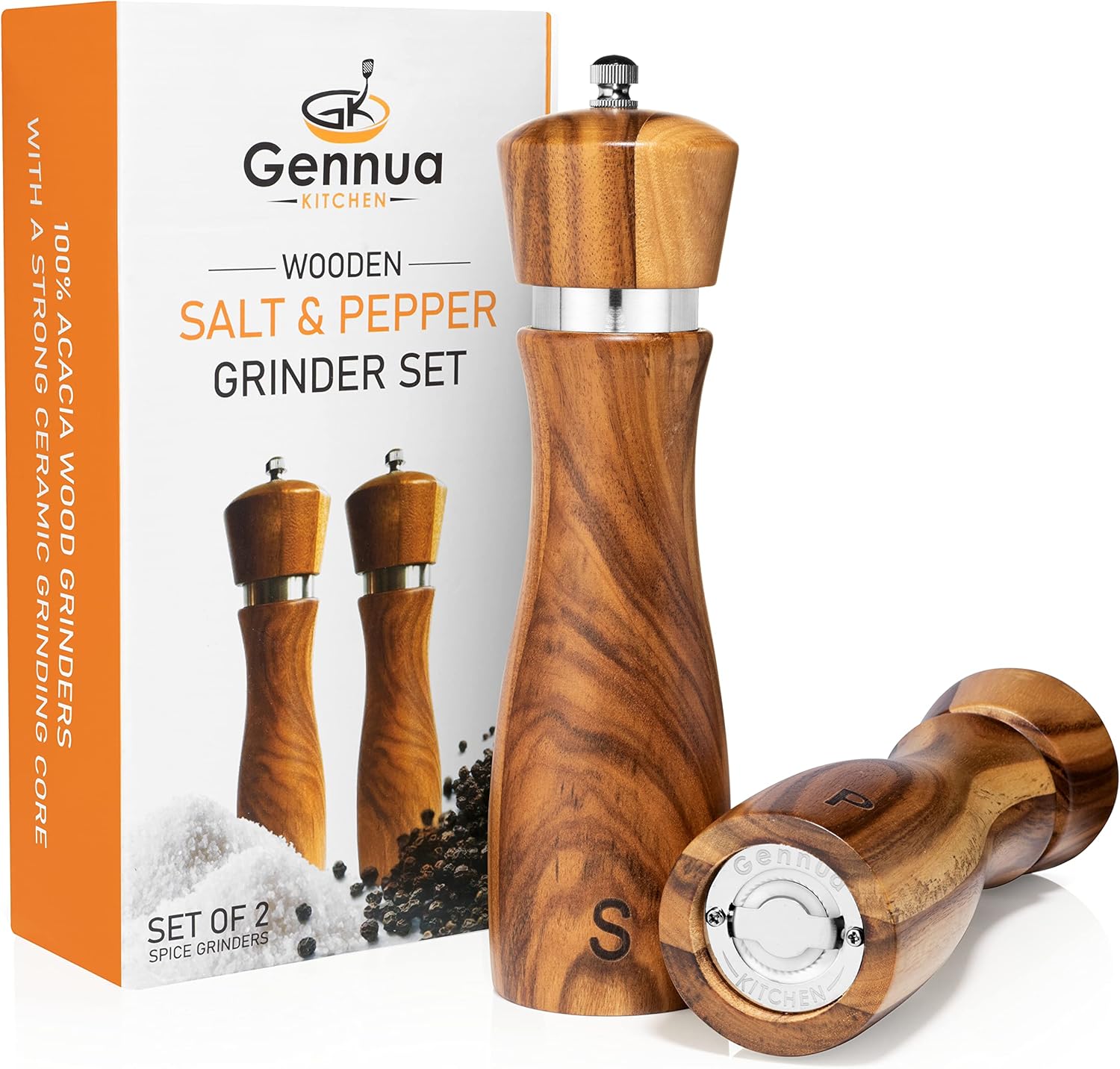 Detalle de Gennua Kitchen Wooden Salt and Pepper Grinder Set: Refiller, Adjustable Coarseness, 8-Inch Acacia Wood Mills