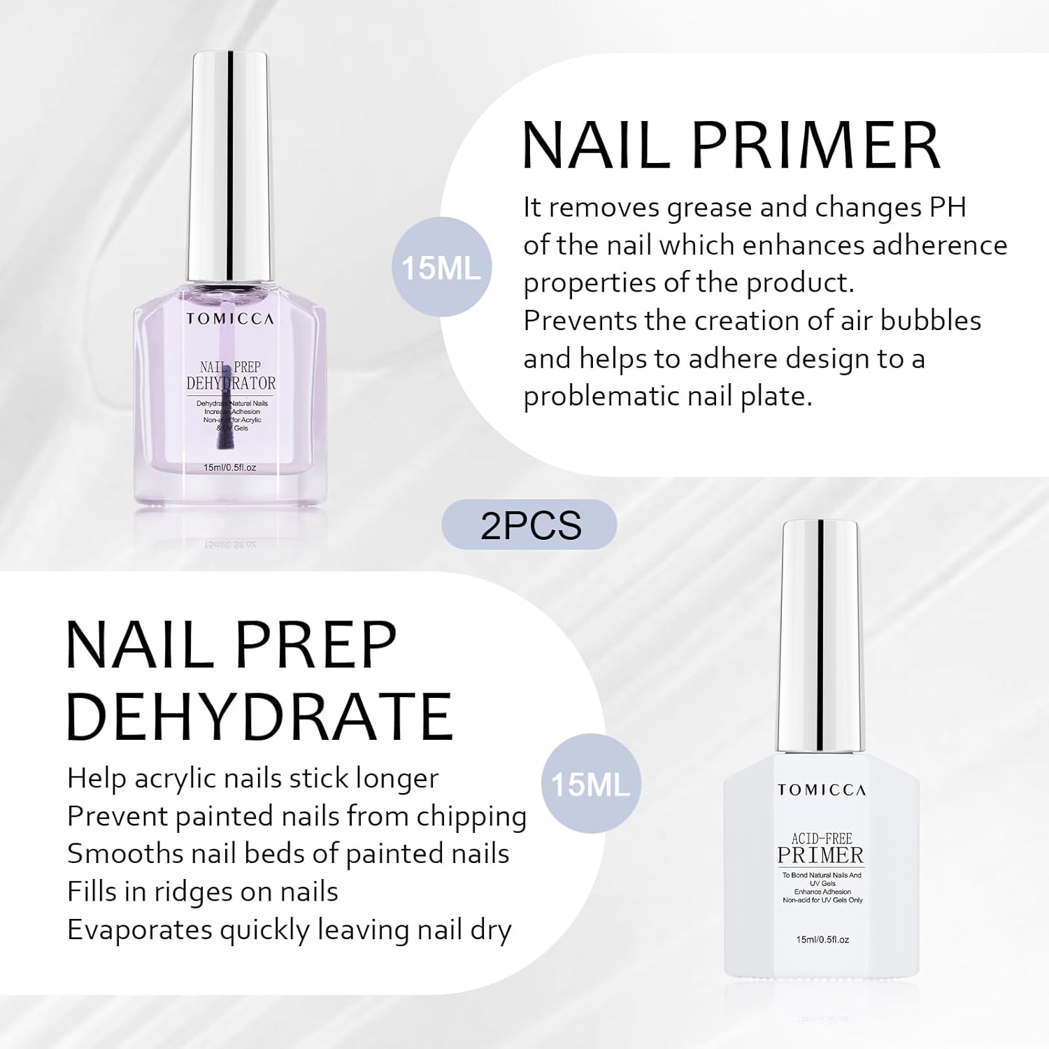 Thumbnail 1 de TOMICCA Primer Ongle Gel UV et Nail Déshydrateur Set – 2×15 ml sans acide, séchage rapide