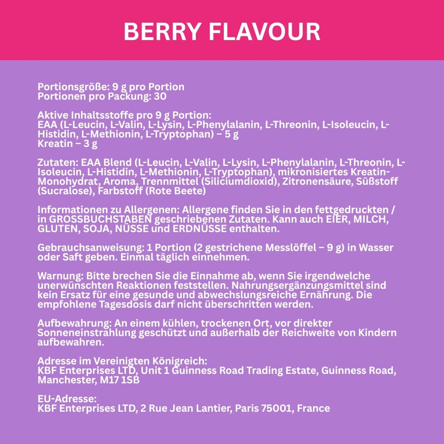 Thumbnail 1 de Warrior Kreatin Monohydrat Pulver + EAA Aminosäuren (270 g, 30 Portionen) – Waldbeere