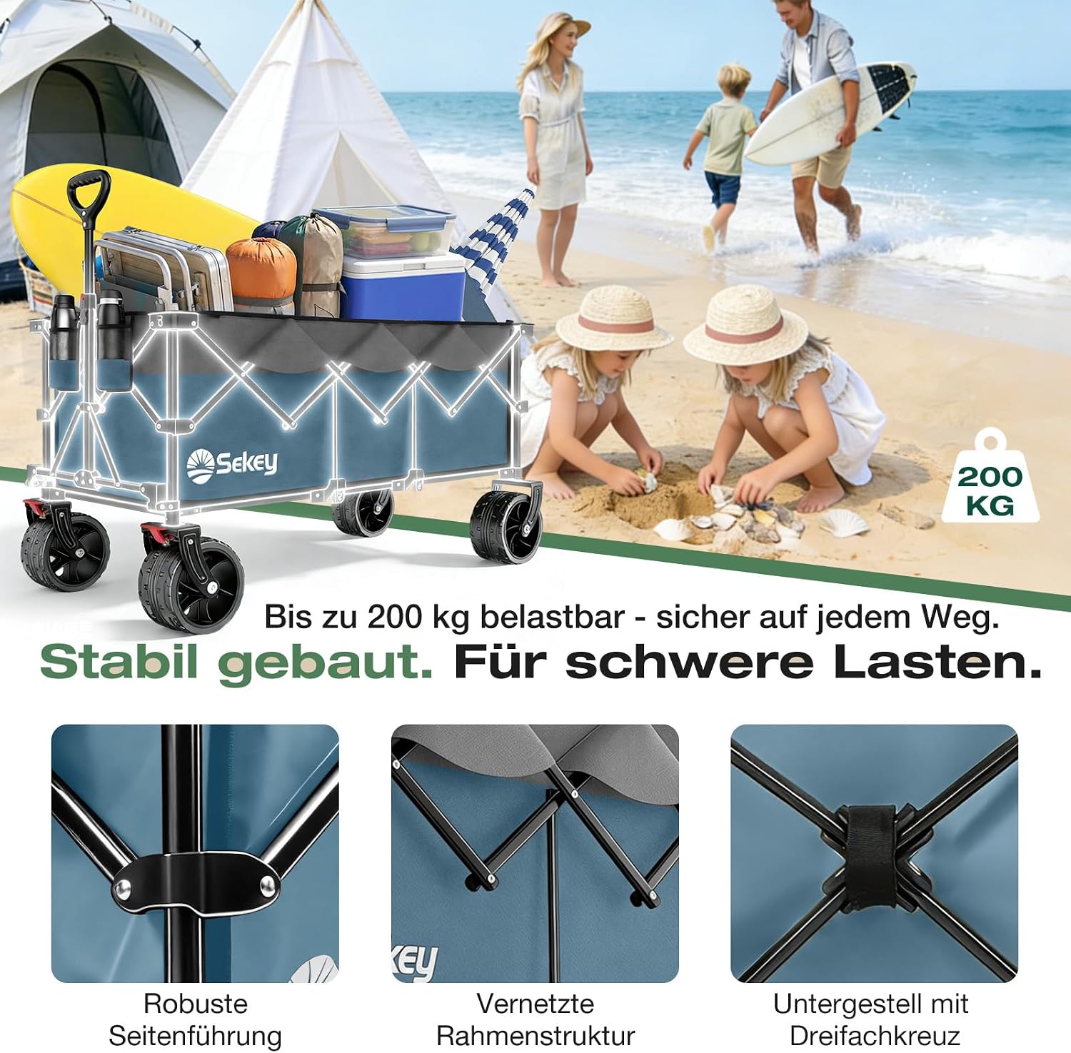 Detalle de Sekey XXXL faltbarer Bollerwagen mit 300 l und 200 kg Tragkraft – verlängertes Modell, All-Terrain-Räder, blau/grau