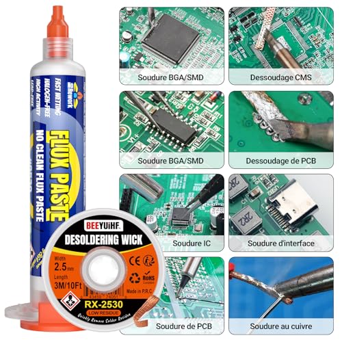 Detalle 1 de BEEYUIHF kit de dessoudage avec flux 10 mL et tresse cuivre 2,5 mm