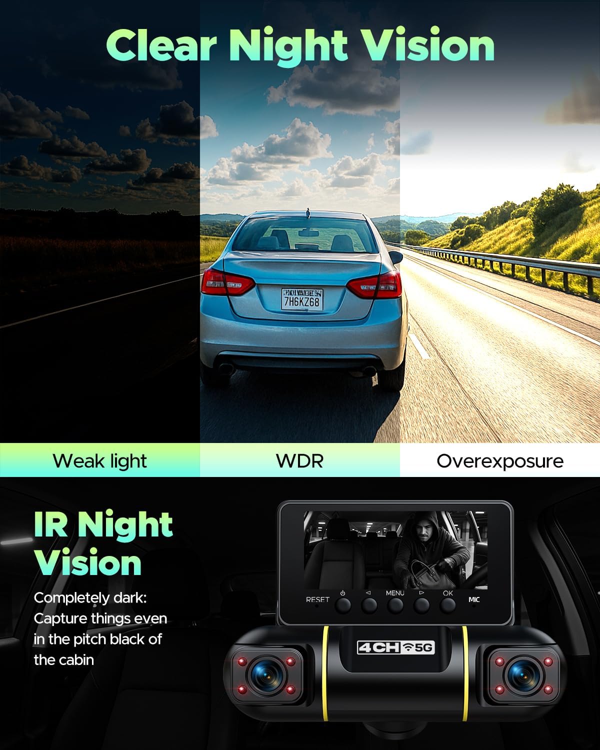 Thumbnail 6 de LAMTTO 360 Degree View 4-Channel Dash Cam (Front & Rear) with 5G WiFi, 8 IR Night Vision, and Hardwire Kit + 128GB Card