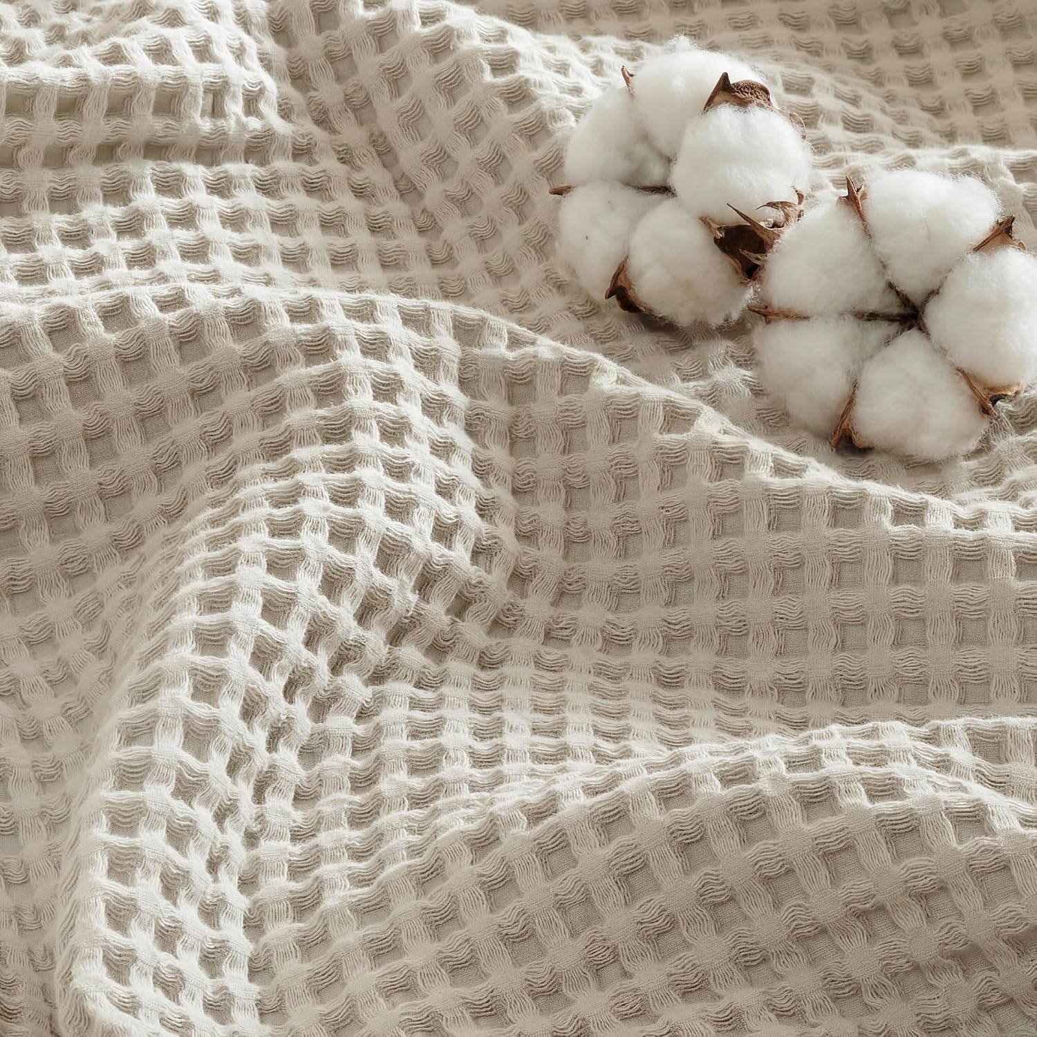 Detalle de Bedsure Twin XL 100% Cotton Waffle Blanket, 66 x 90 in, Linen